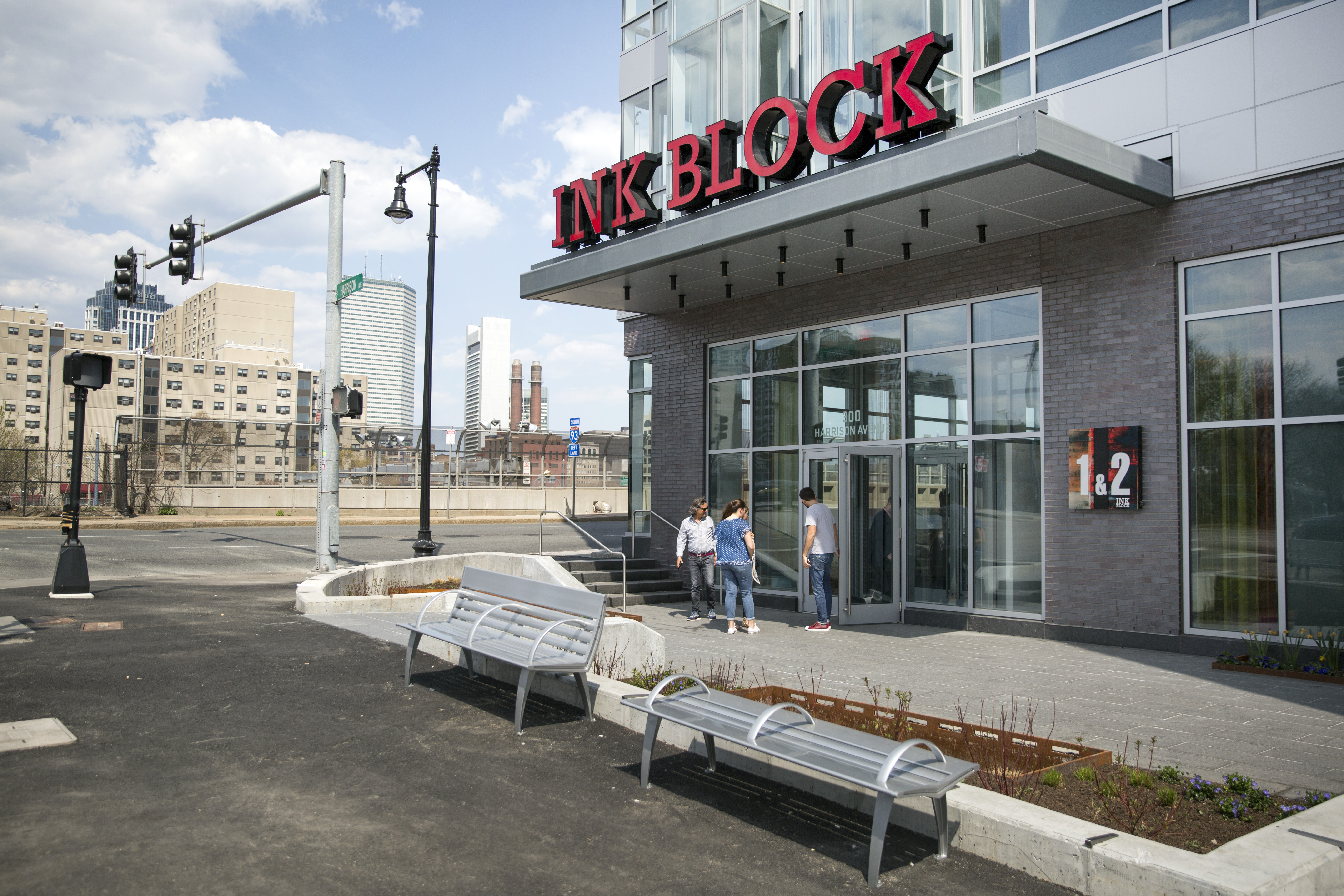 The entrance to the Ink Block development in the South End, on the site of the former Boston Herald building.