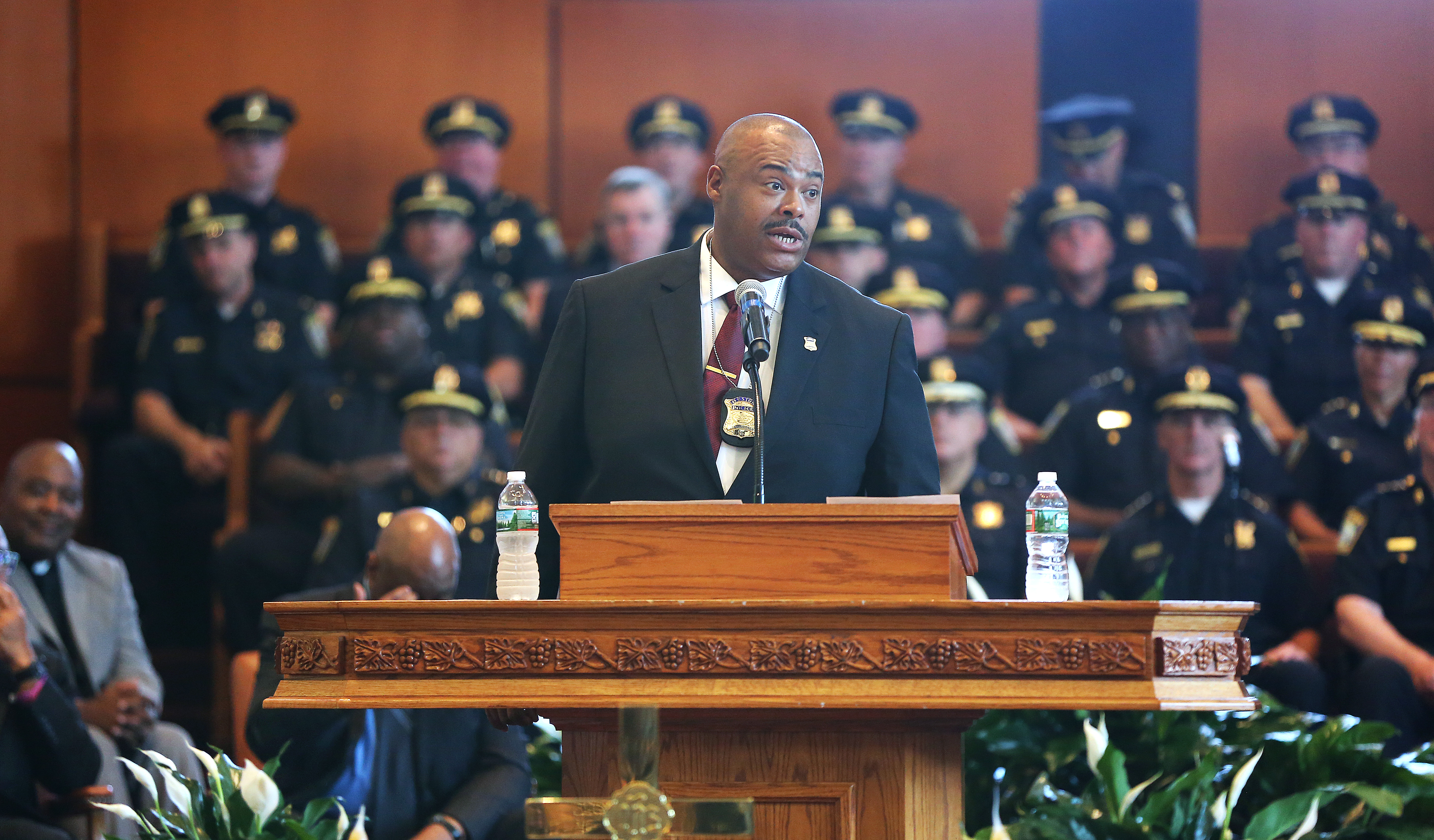 Gross addressed the crowd, which included police officers, after he was sworn-in.