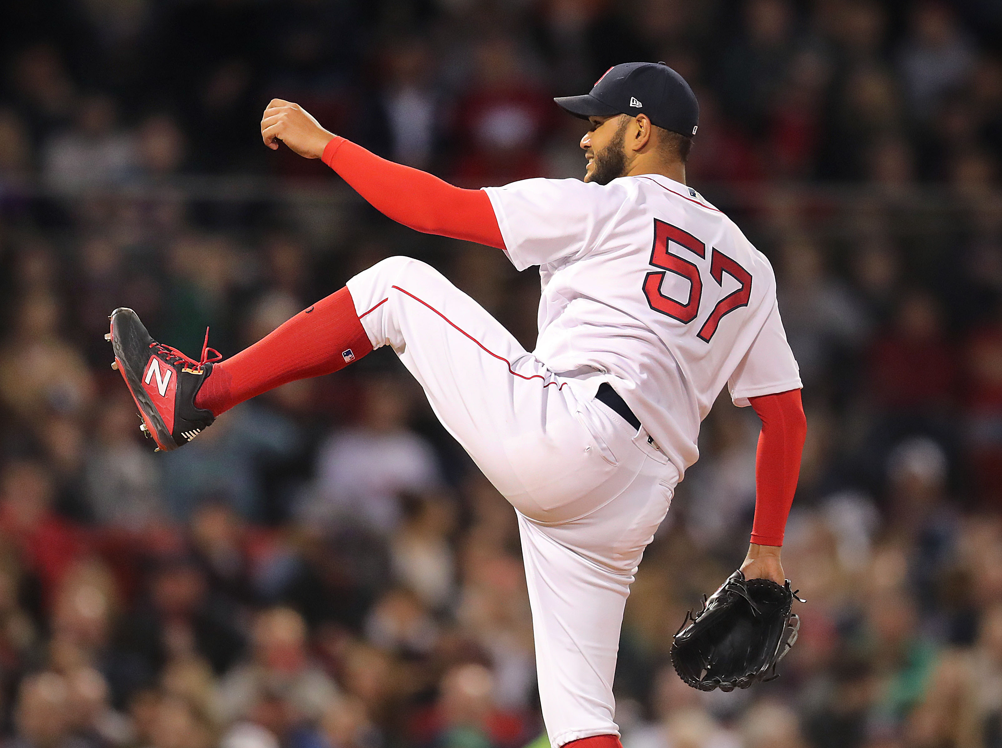Red Sox pitcher Eduardo Rodriguez finishes a fifth-inning pitch with a little flair. Over hislast three start, all wins, Rodriguez has a 3.00 ERA, 21 strikeouts and 4 walks in 18 innings.