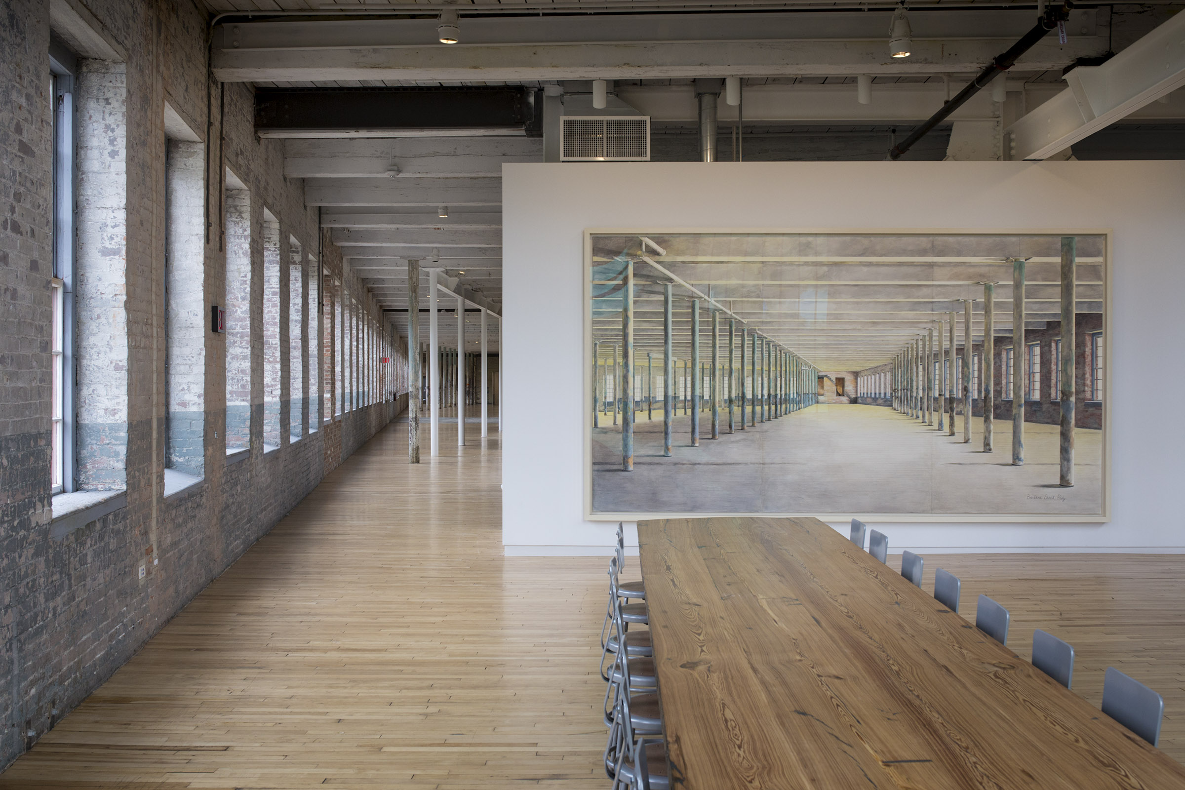 A work by watercolor artist Barbara Ernst Prey depicted the Building 6 interior during renovation.