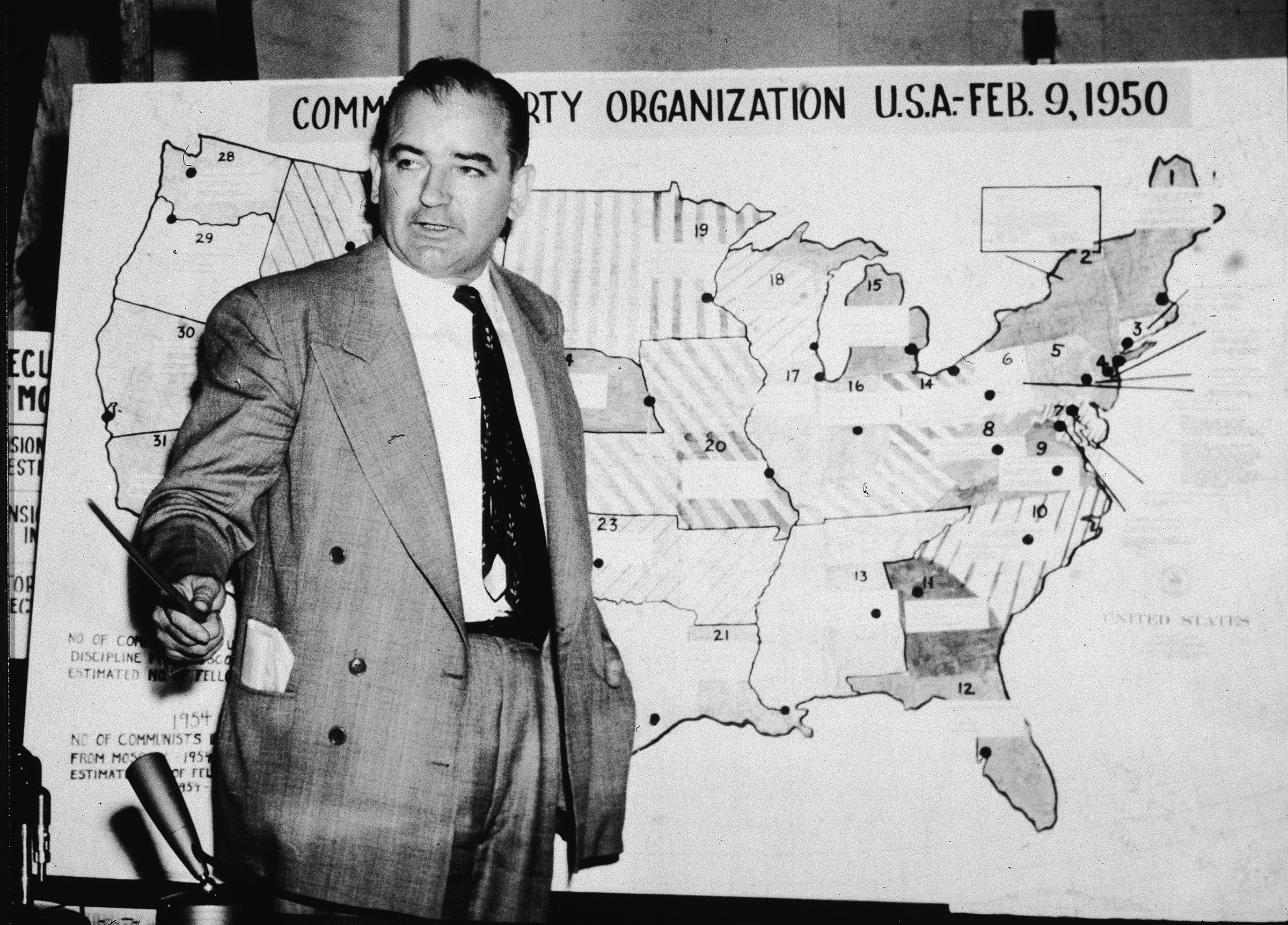 During 1954 hearings in Washington, D.C., aimed at members of the US Army, Joseph McCarthy, the junior senator from Wisconsin, uses a map purporting to chart communist activity in the United States.