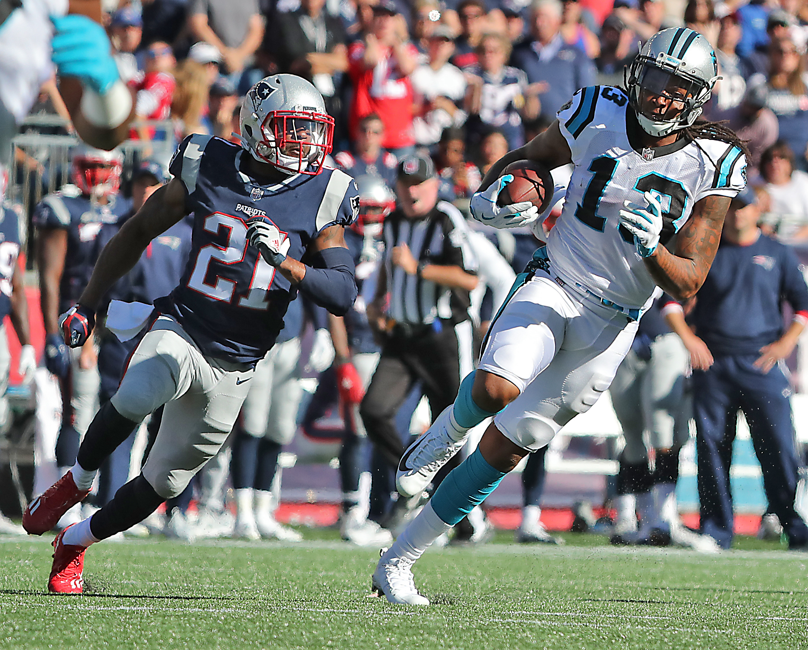 Malcolm Butler tries to catch up with Panthers receiver Kevin Benjamin during a 39-yard reception.