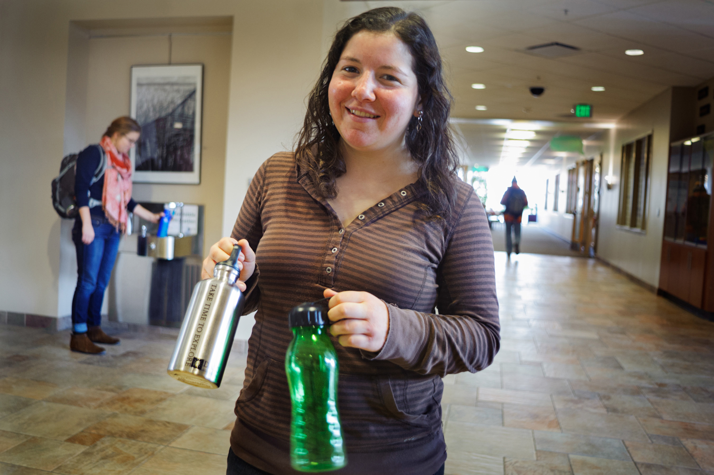 Ilana Copel, co-president of Vermont Students Toward Environmental Protection, showed-off some of the reusable water bottles the group is making available to UVM students.