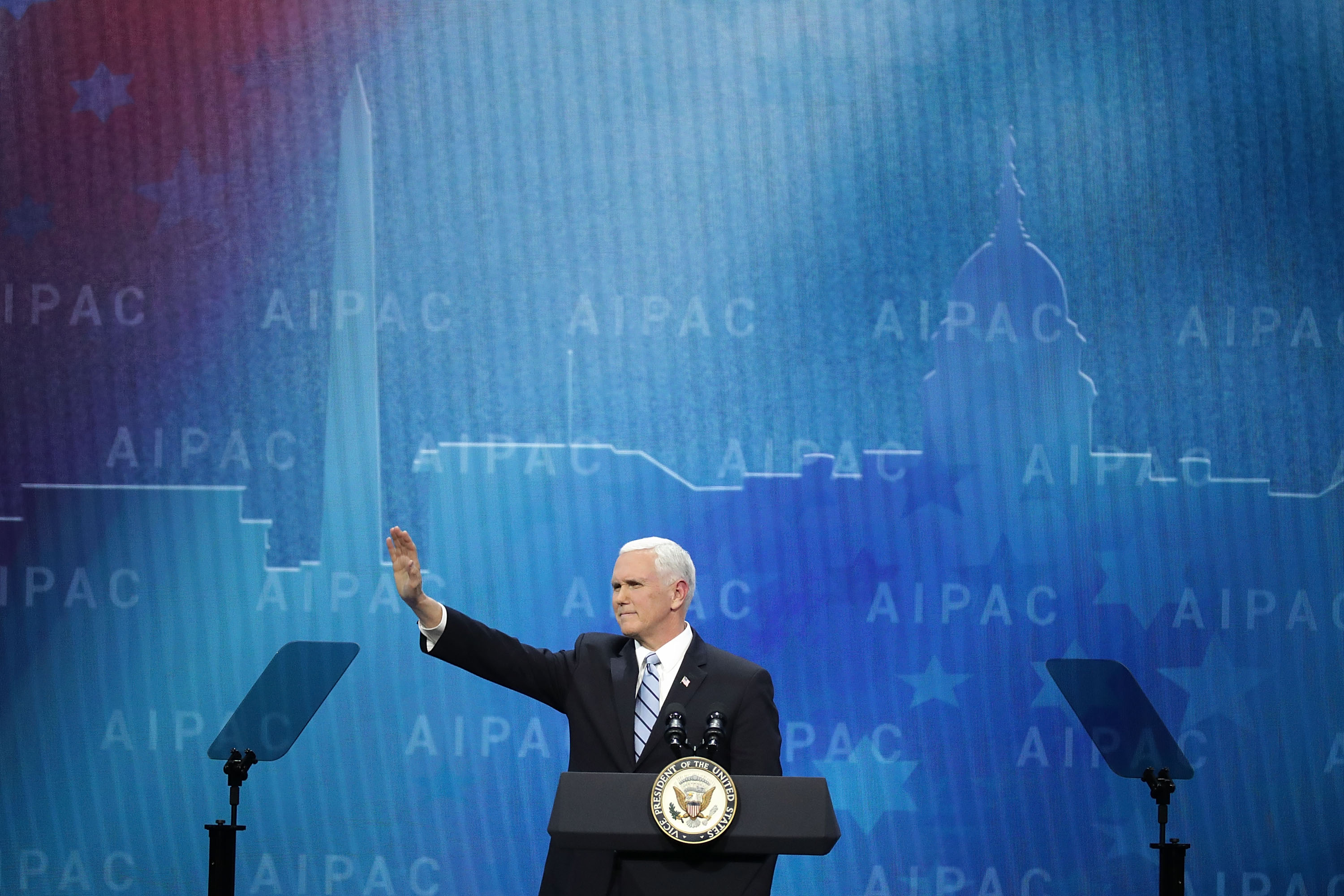 Vice President Mike Pence addressed the American Israel Public Affairs Committee's annual policy conference at the Washington Convention Center on Monday.