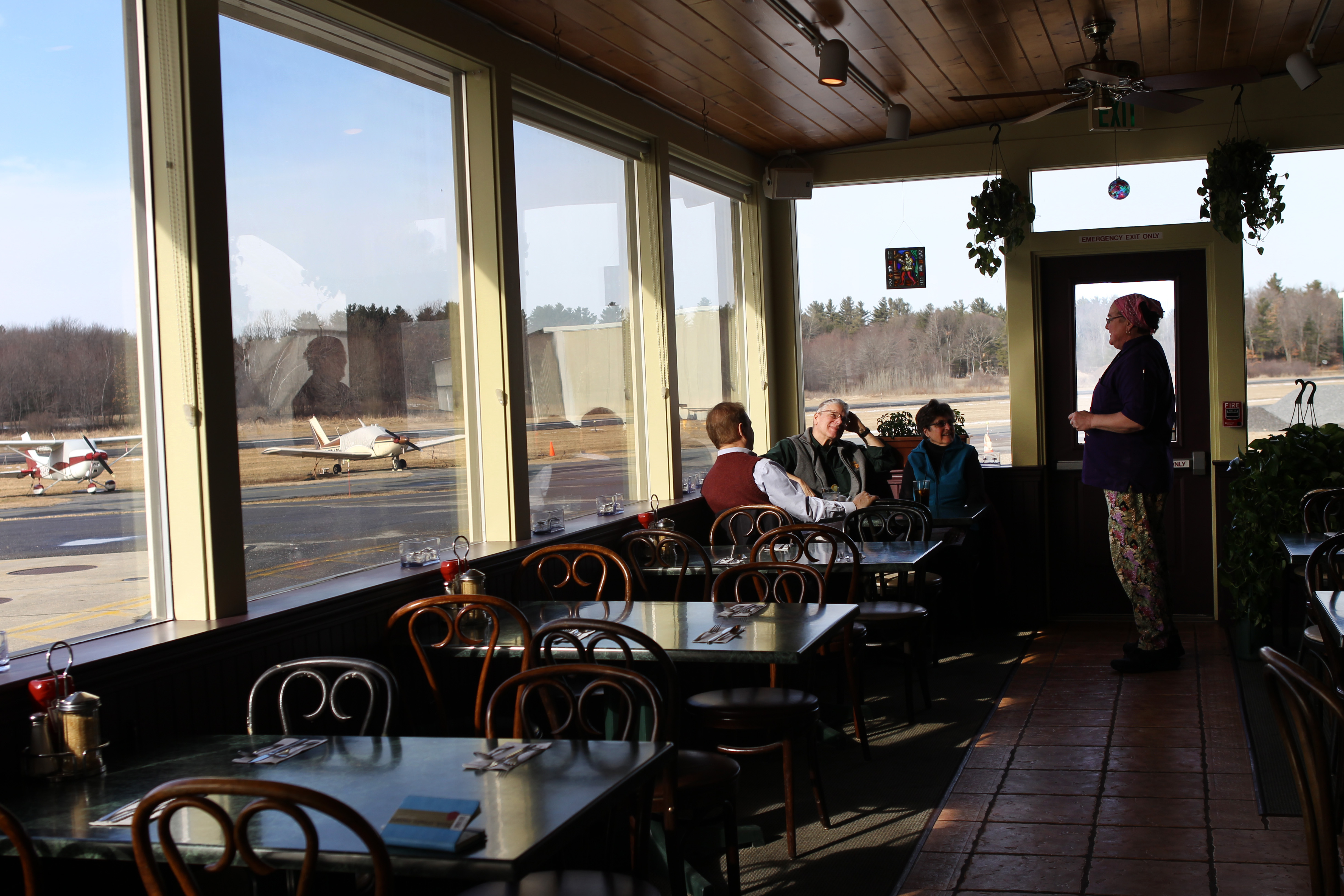 At Nancy’s Air Field Cafe in Stow, diners can watch small aircraft taking off and landing.
