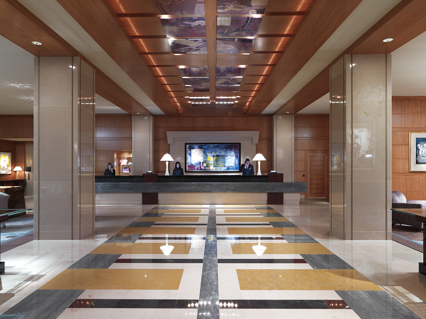 The lobby of the Mandarin Oriental Hotel. The condominiums in the 14-story Boylston Street building are not part of the bankruptcy proceedings.