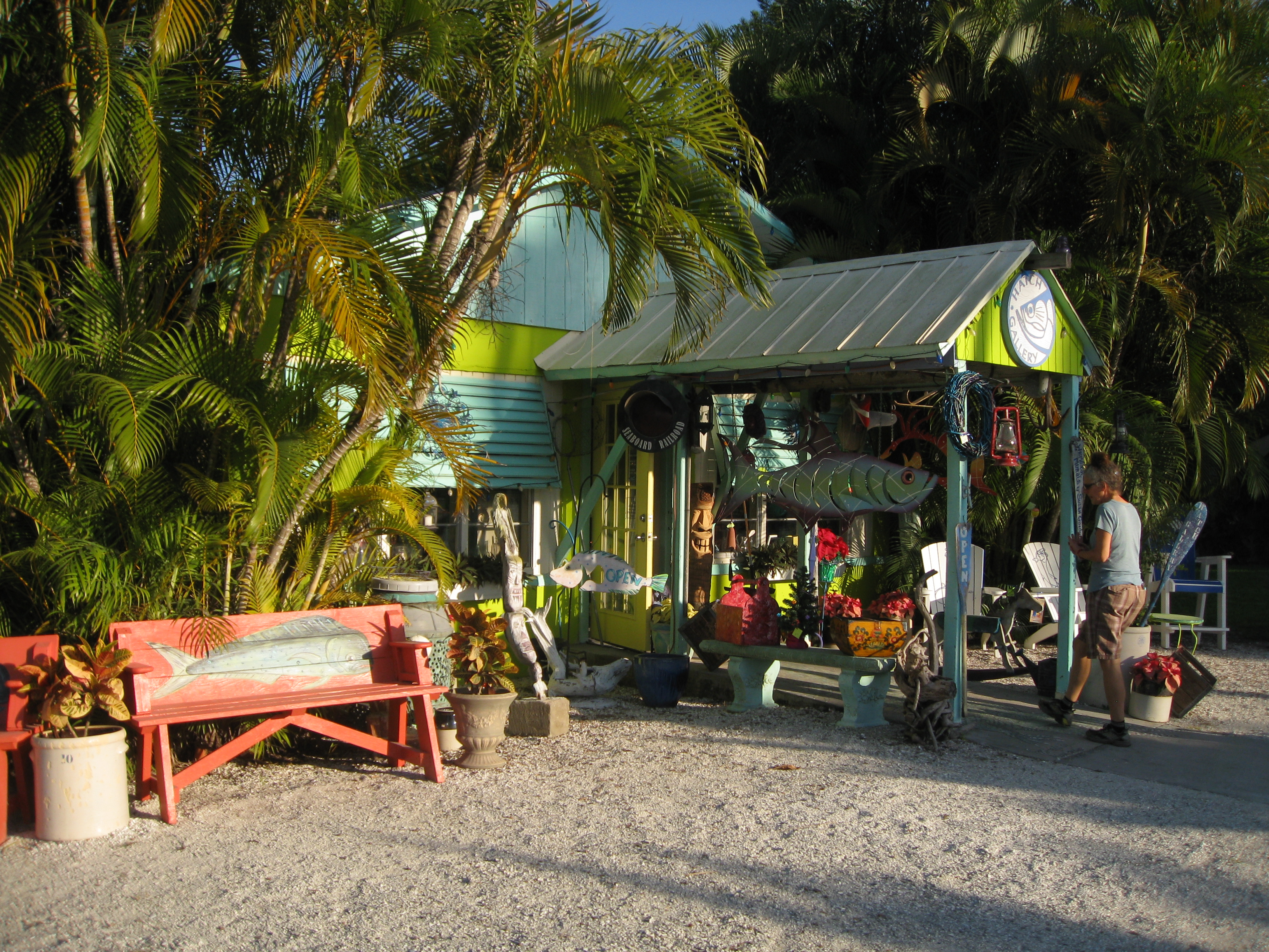 The Hatch Gallery is filled with artist Jon Hatch’s quirky driftwood creatures and colorful signs.