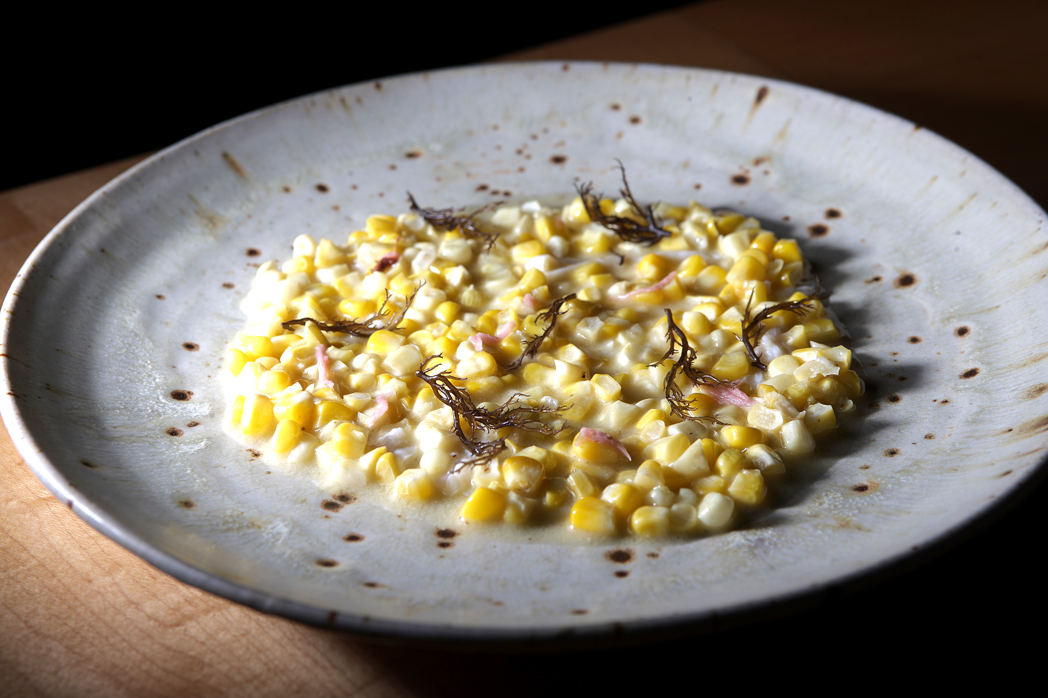 Birch’s corn with shaved squid, horseradish, and preserved cherry blossoms.