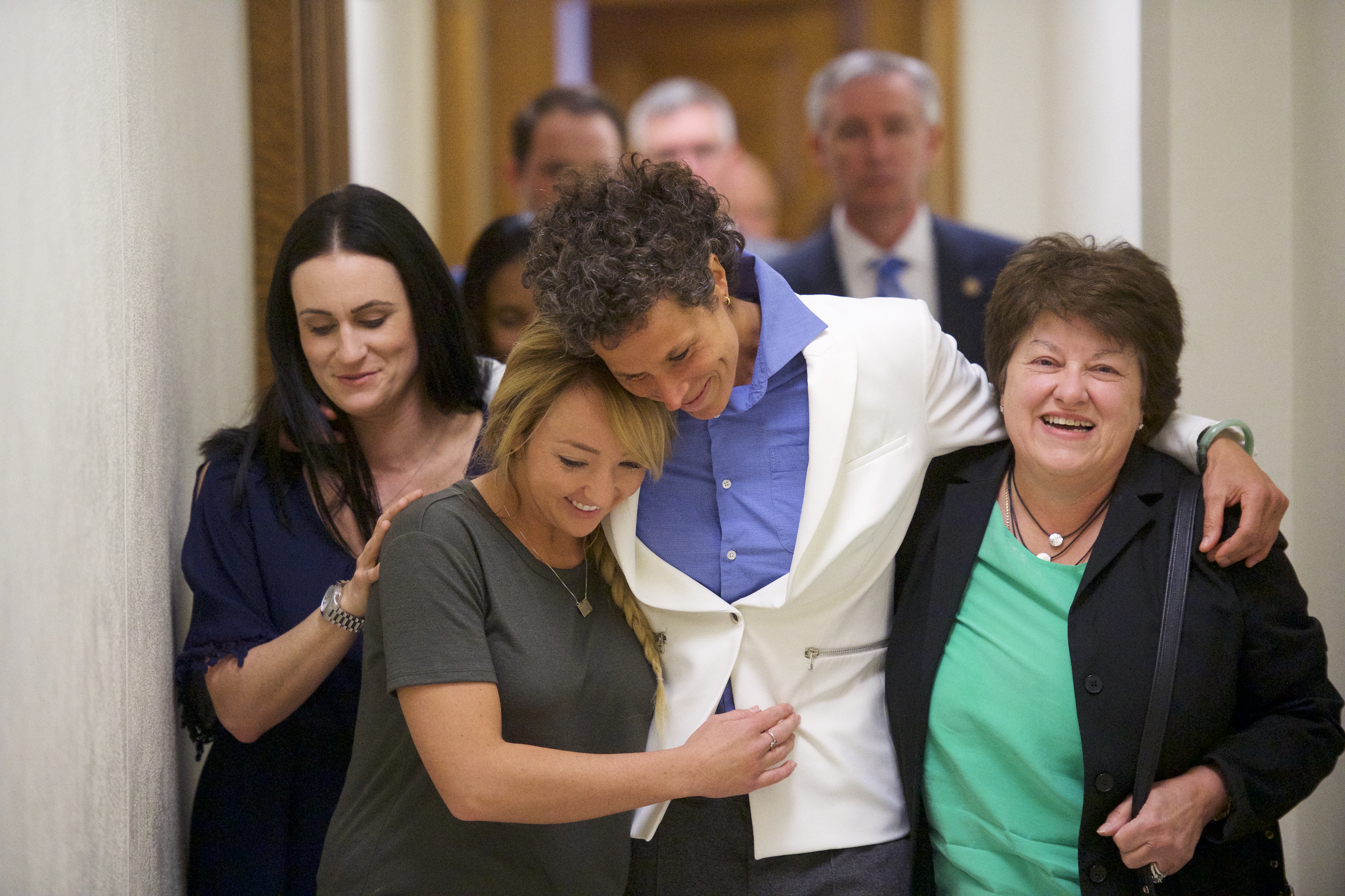 Bill Cosby accuser Andrea Constand (center) reacted after the guilty on all counts verdict was delivered in the sexual assault retrial at the Montgomery County Courthouse on Thursday.