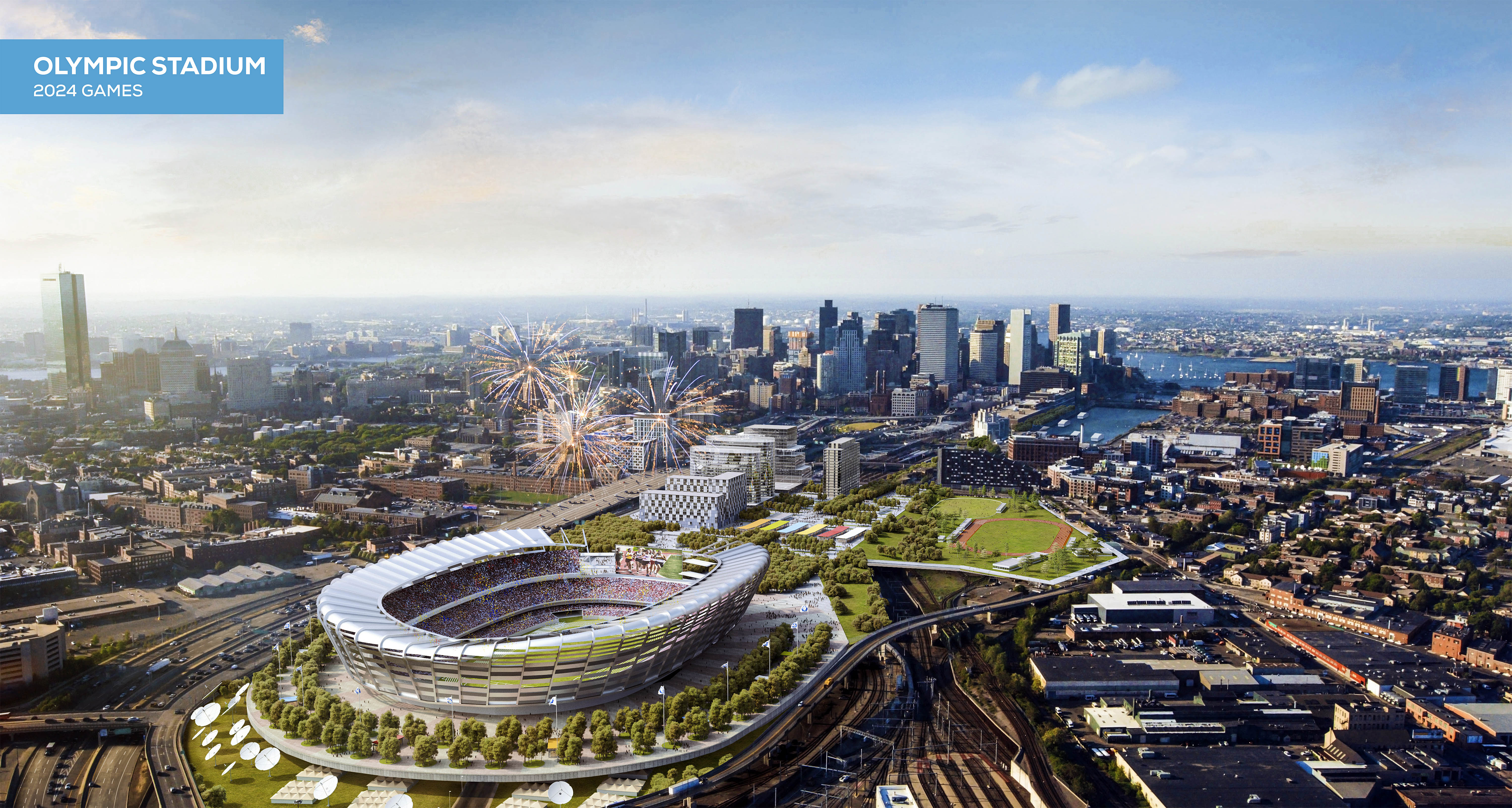 An architect's rendering of the proposed Olympic Stadium in the to-be-developed Midtown neighborhood.
