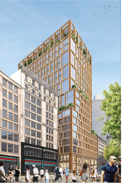 A rendering of a proposed office building at One Bromfield Street.