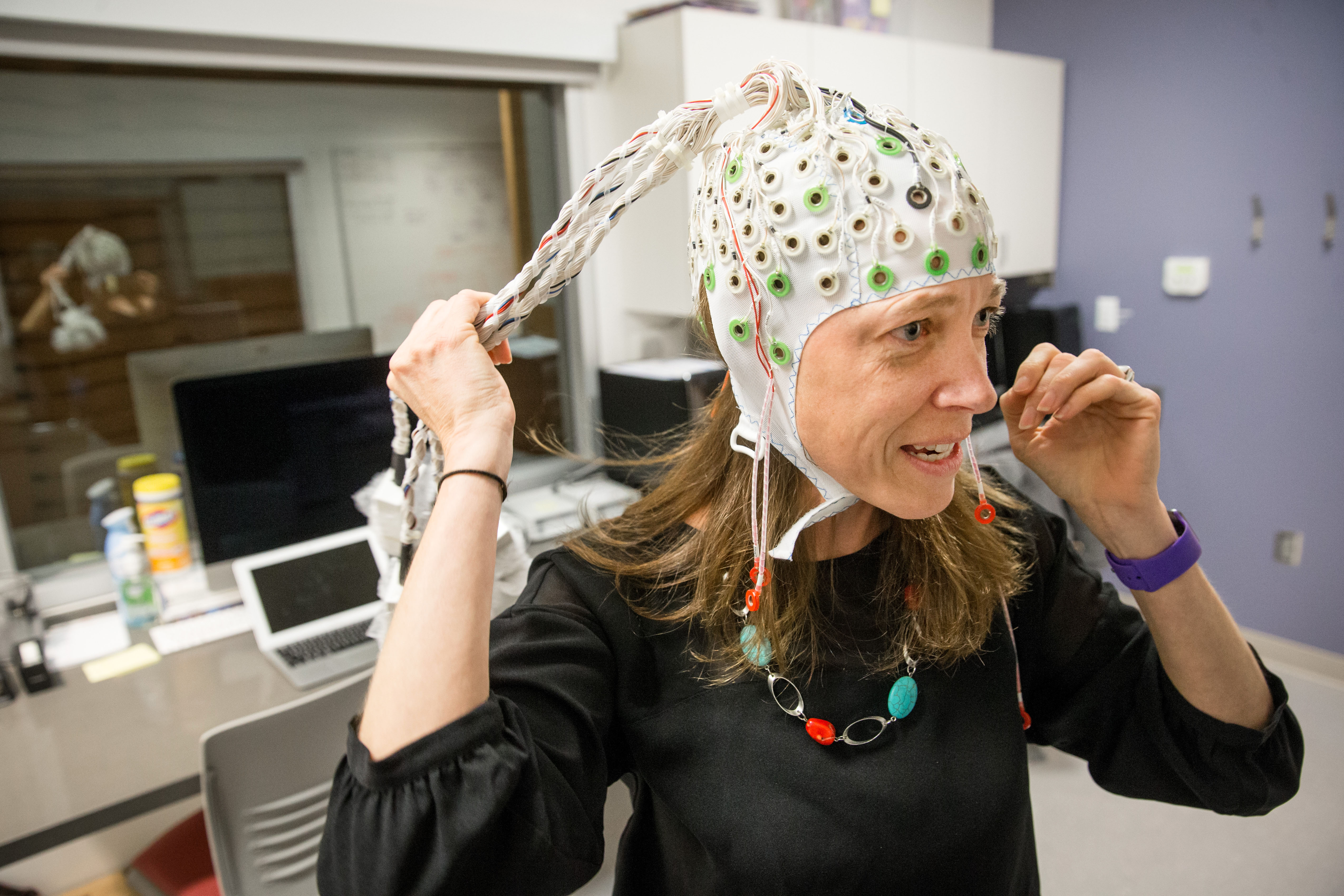 Associated professor Rebecca Spencer showed off a device that can monitor sleep patterns.