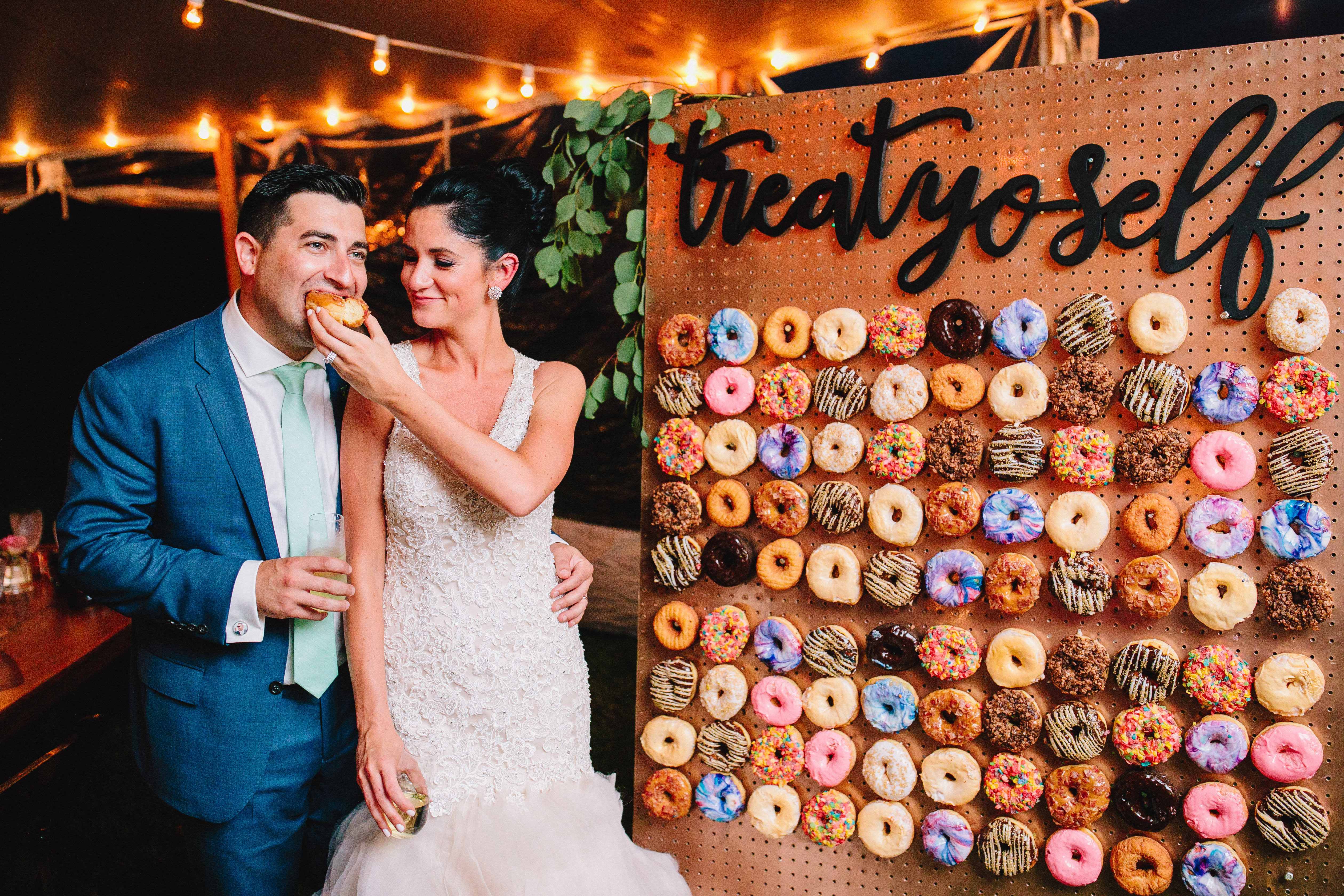 Maple bacon, Fruity Pebbles, and the couple’s favorite, chocolate butter crunch, were among the flavors on Molly and Mike Shaw’s DIY doughnut wall.