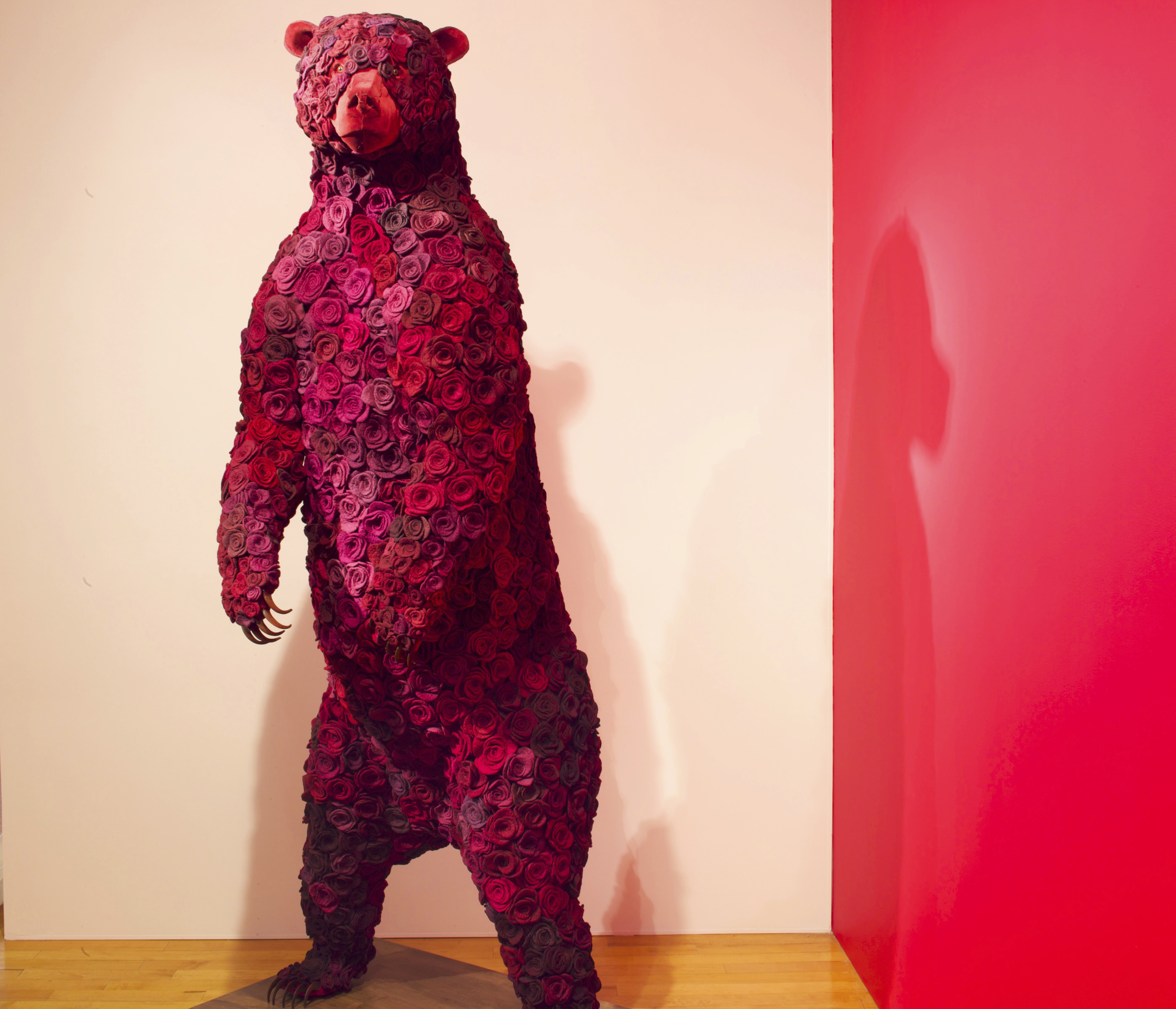 “Widow’’ (2012) by Janice Wright Cheney. The 7-foot-10-inch-tall work is made of wool, cochineal dye, velvet, taxidermy form, pins, and wood.