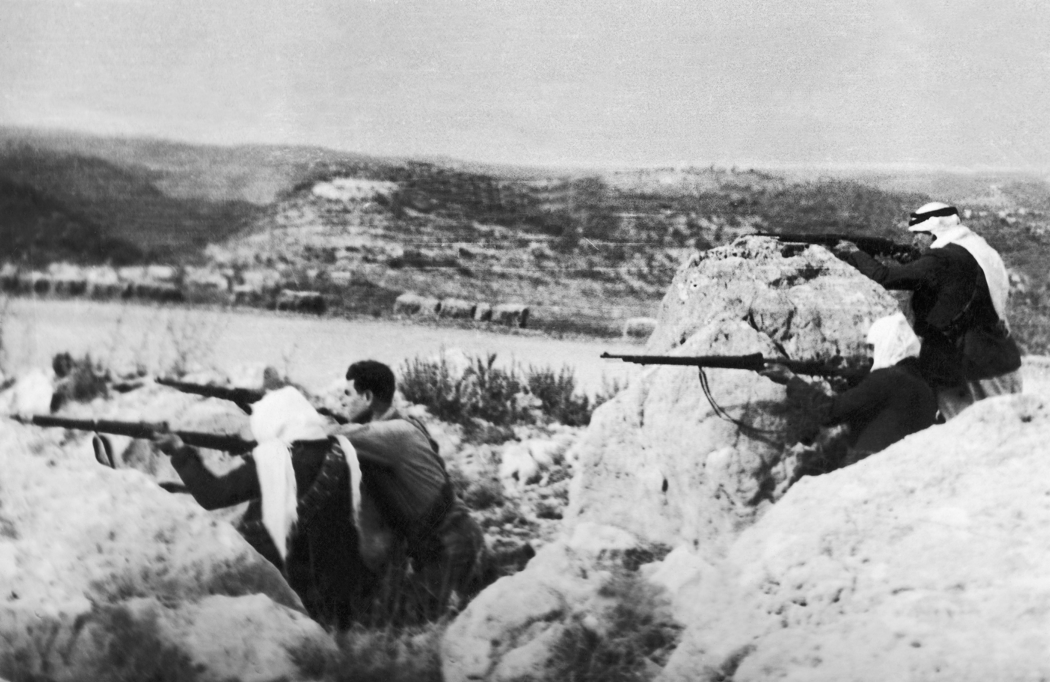 Arab soldiers guarded a road on May 10, 1948, during the Arab-Israeli War.