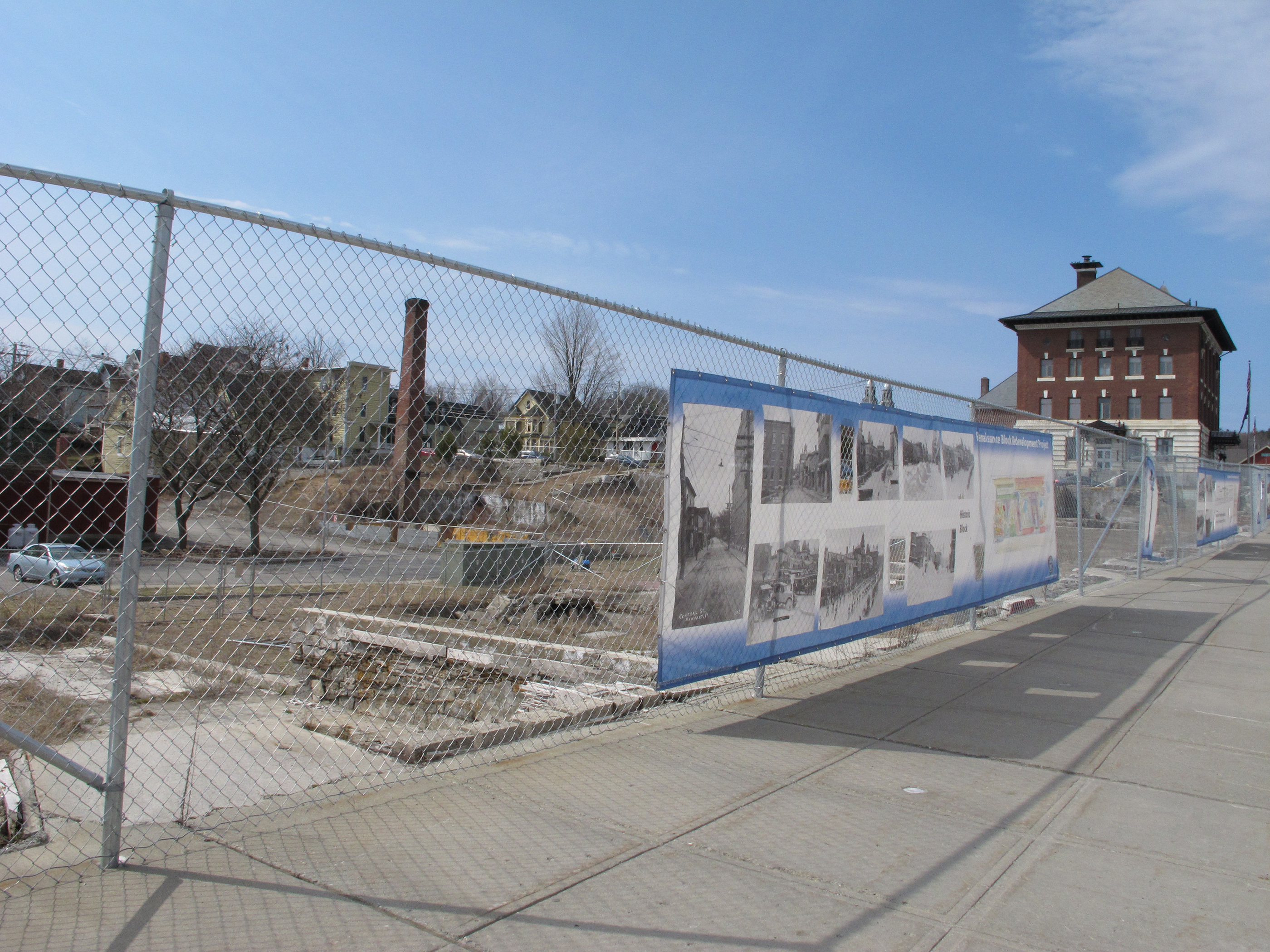 An April 2016 photo of a razed block in downtown Newport, Vermont, where redevelopment has stalled.
