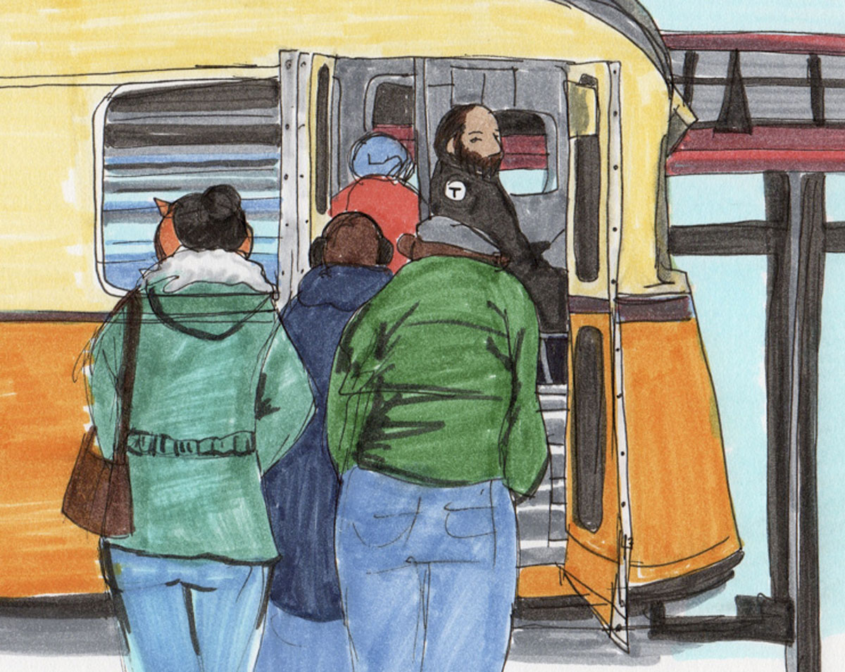 Meilman’s “Project T-scapes,” colored in bright markers, includes Mattapan.