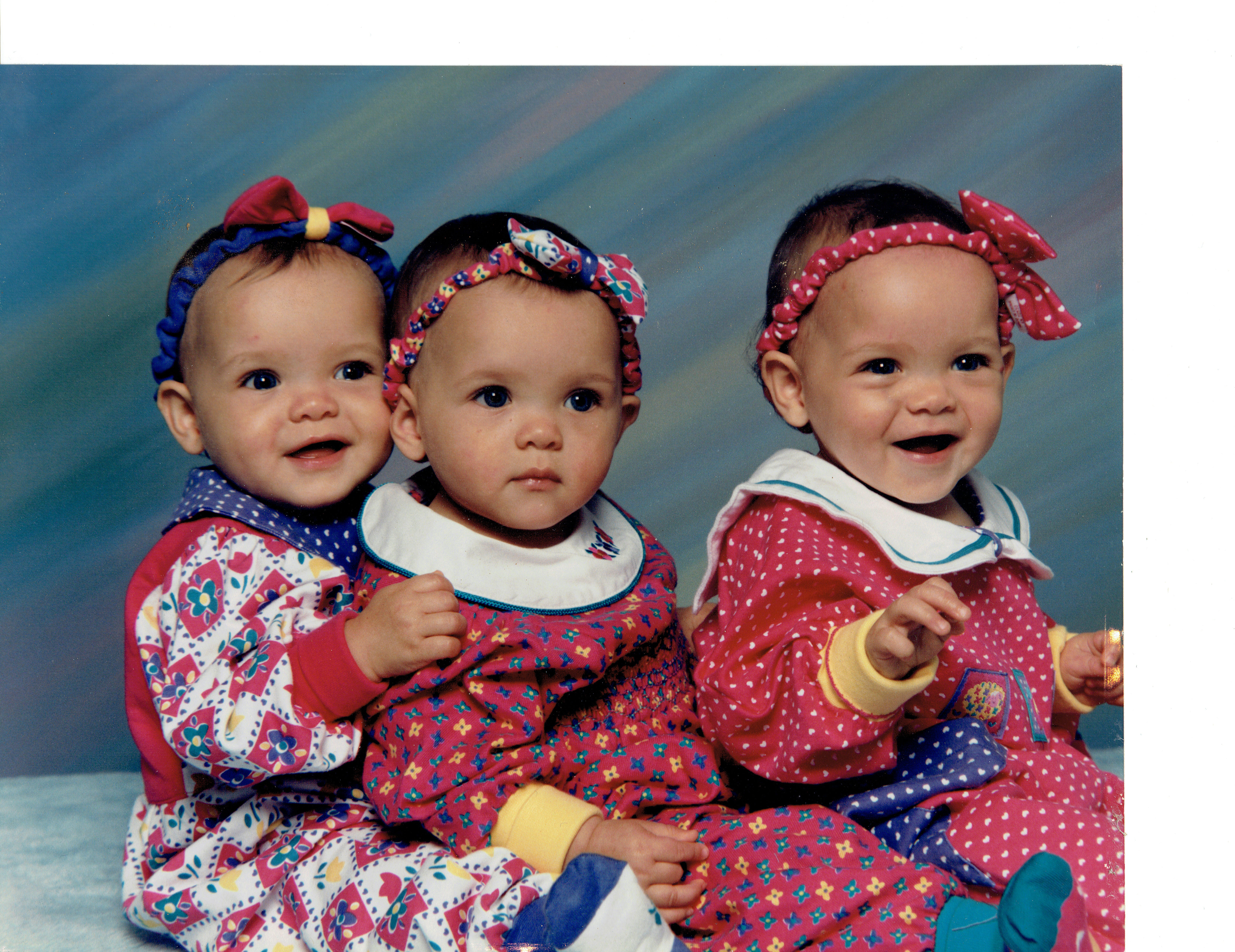 The triplet sisters as babies (from left): Amy, Sara, and Amanda.