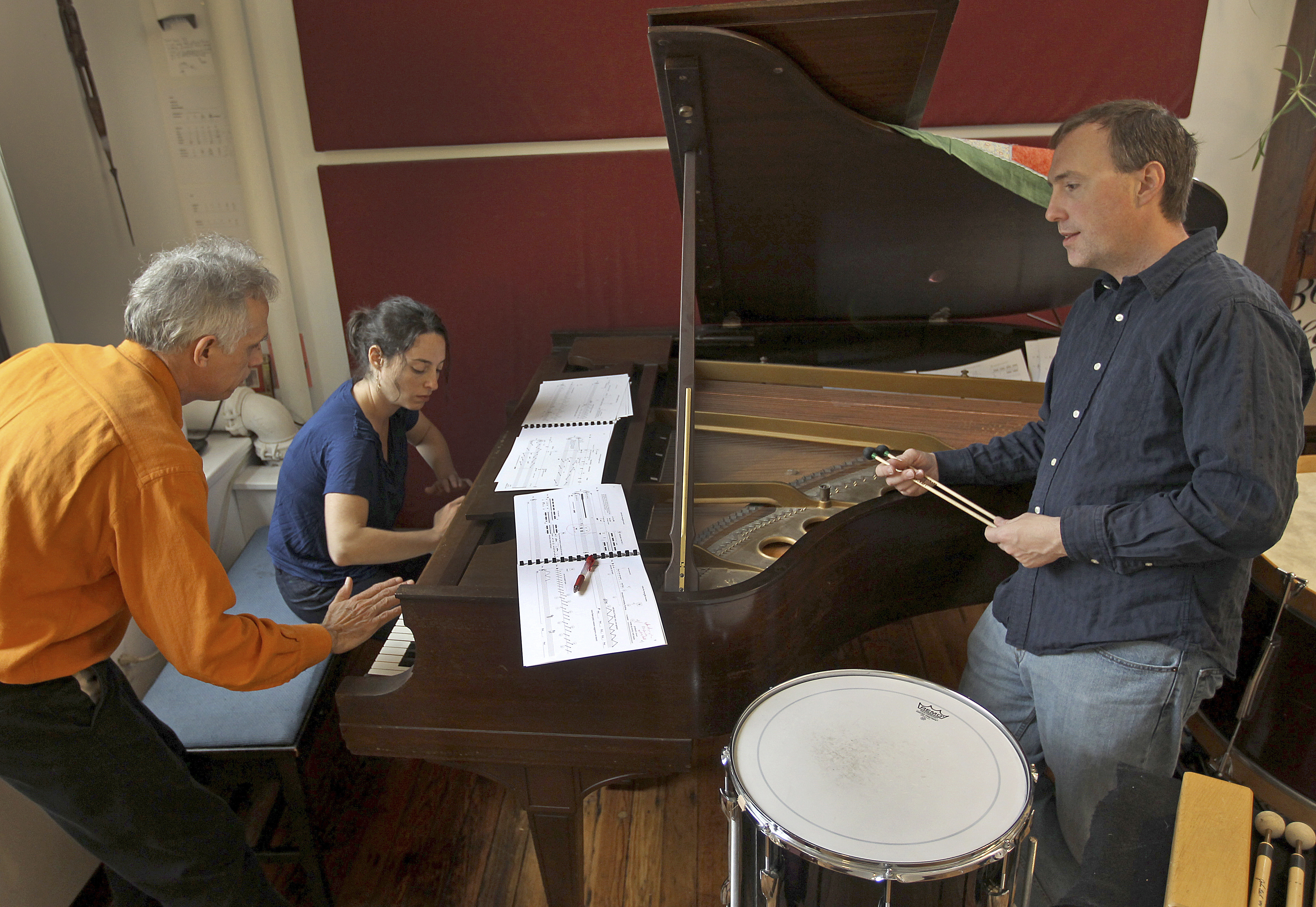 Above (from left) John Howell Morrison, Sarah Bob, and Aaron Trant at a recent rehearsal of “What the Honeybee Knows,” which was commissioned for Christine Collins’s exhibit, “The Keepers,” at the New Gallery.