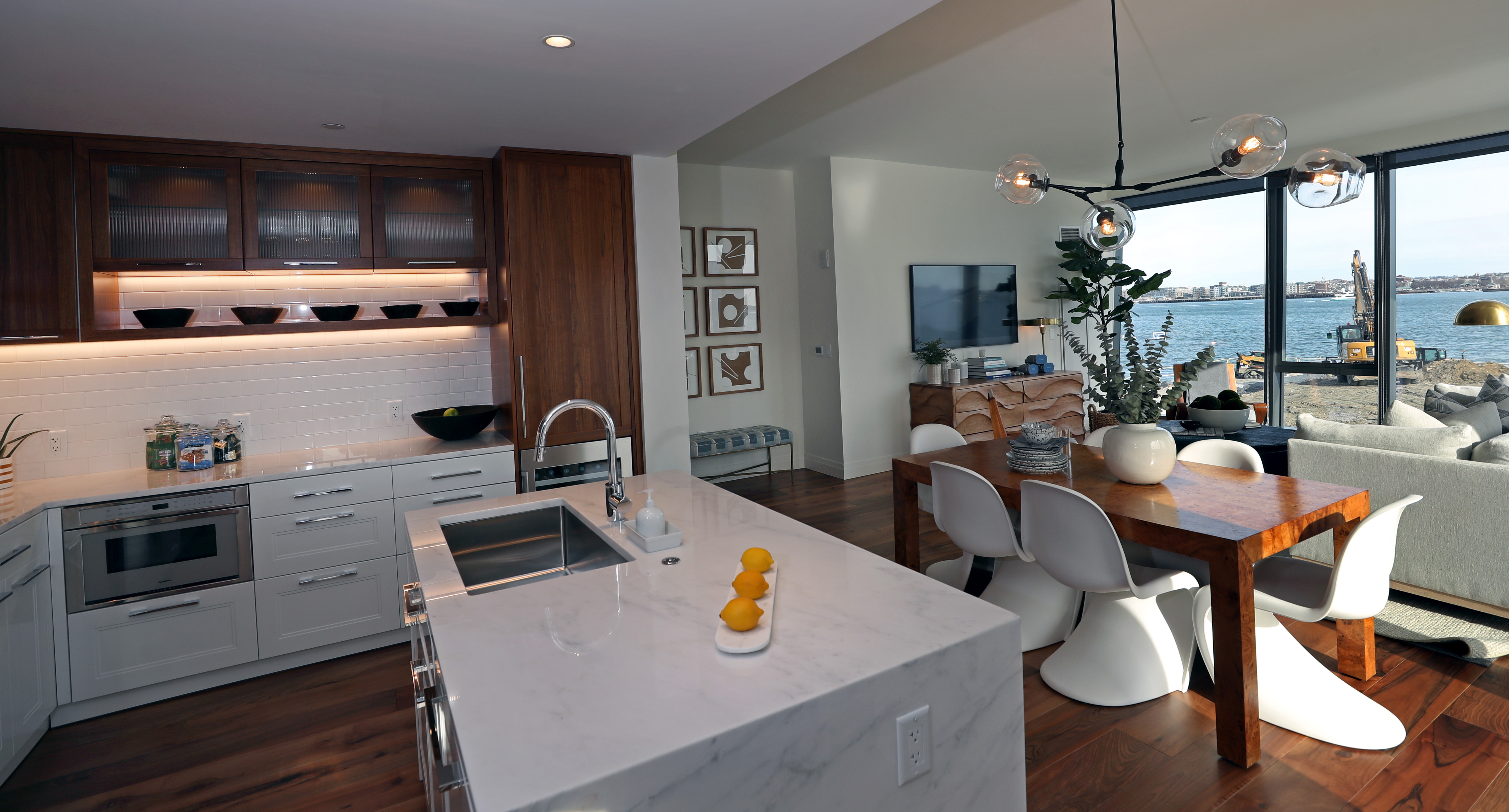 A model home setup at Pier 4 Seaport offers a harbor view, giving clients a sense of what it would be like to live on Boston Harbor.