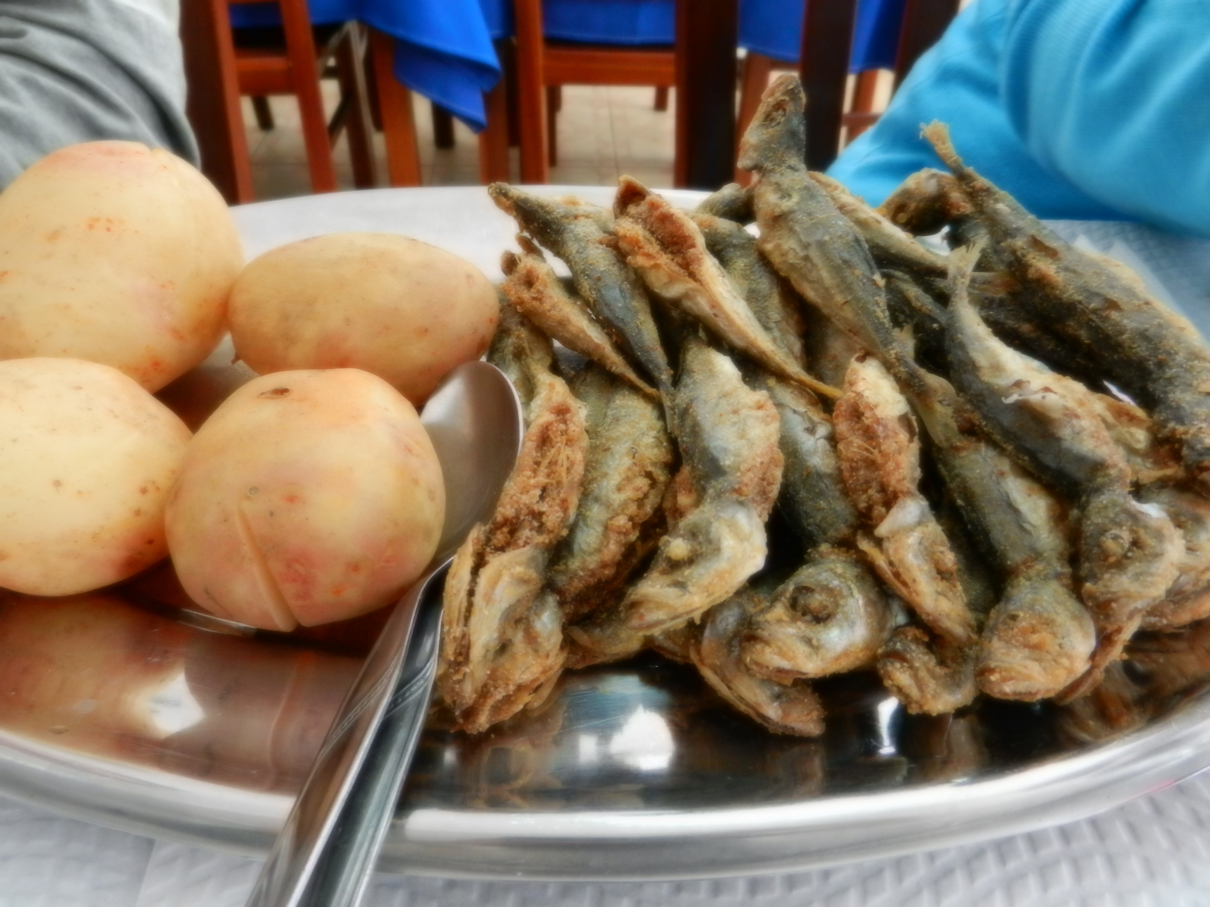 Batter-fried whole chicharros at Costaneria Restaurant, Ribeira Quente.