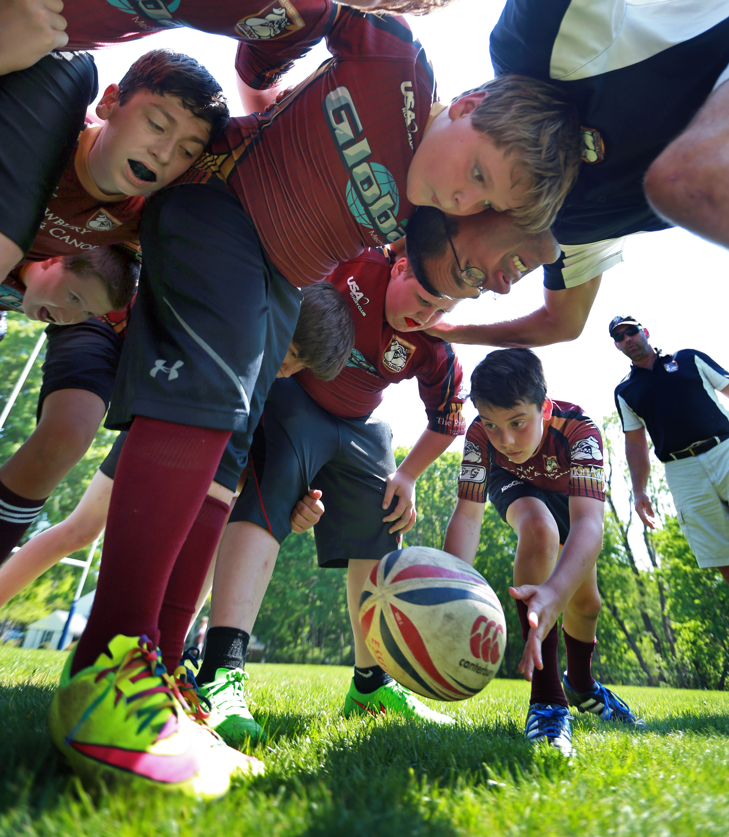The Essex County Bulldogs U12 rugby team practicing a scrum before a recent match.