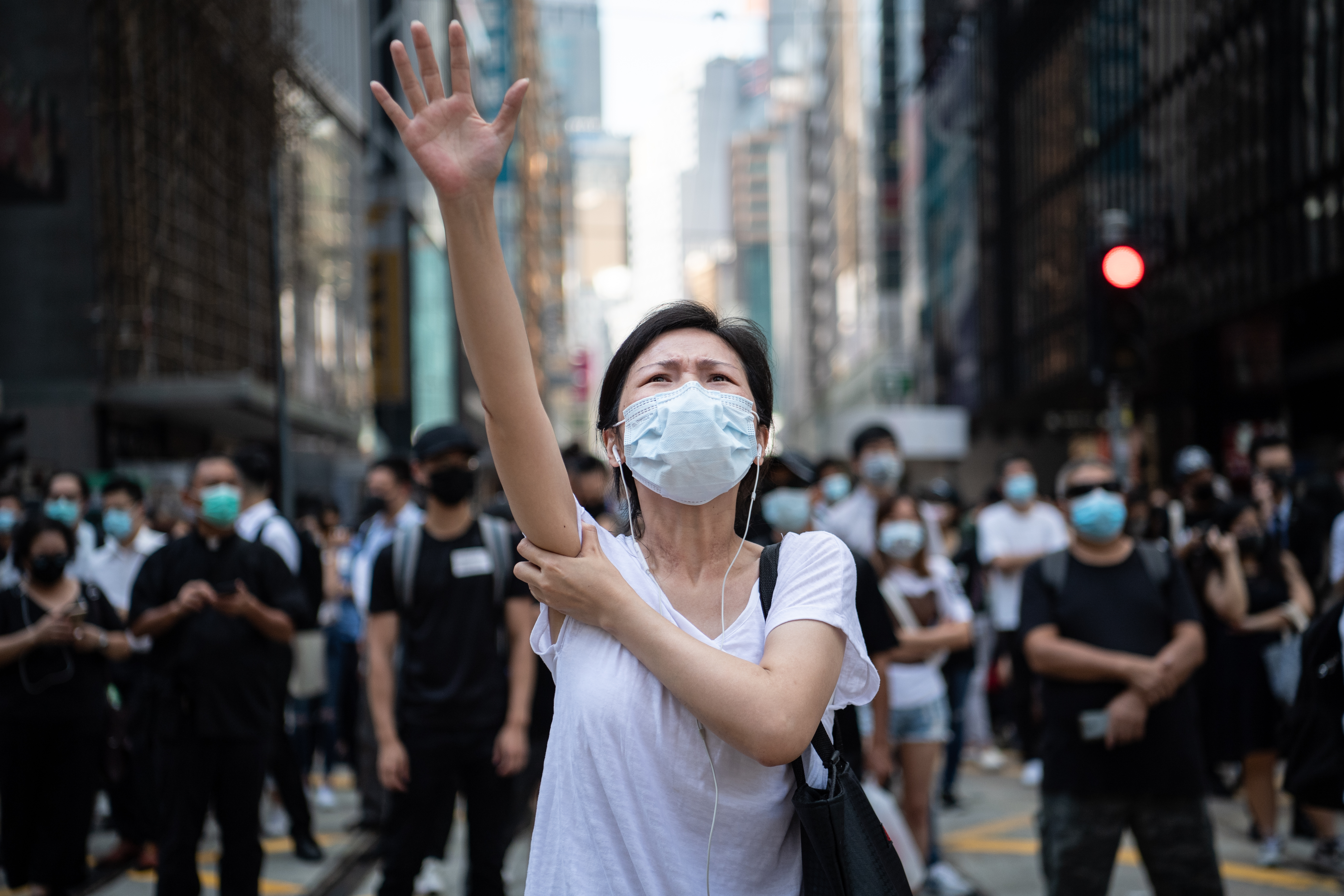 People protested a government ban on face masks.