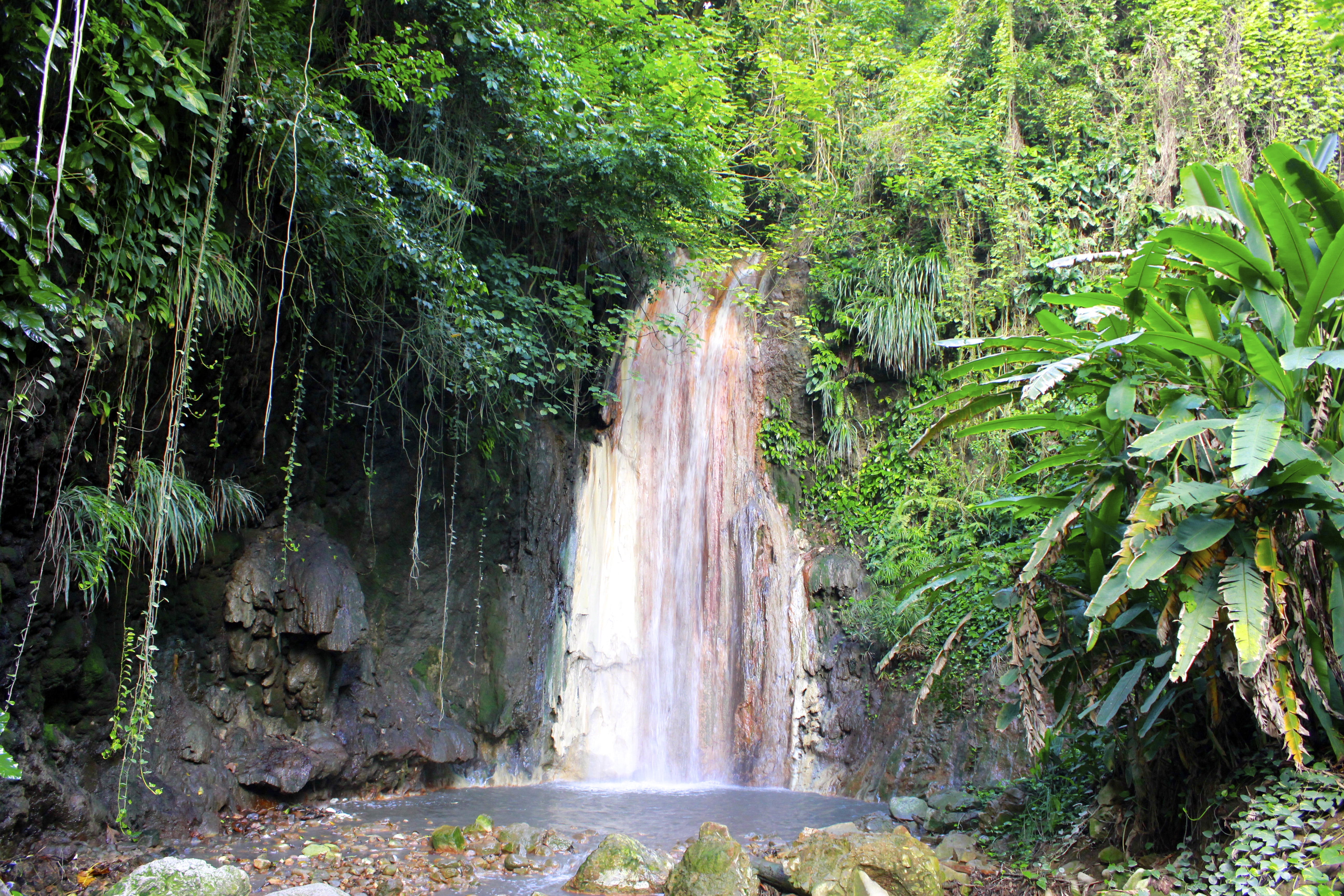 The waterfall at Diamond Falls Botanical Gardens in Soufriere.