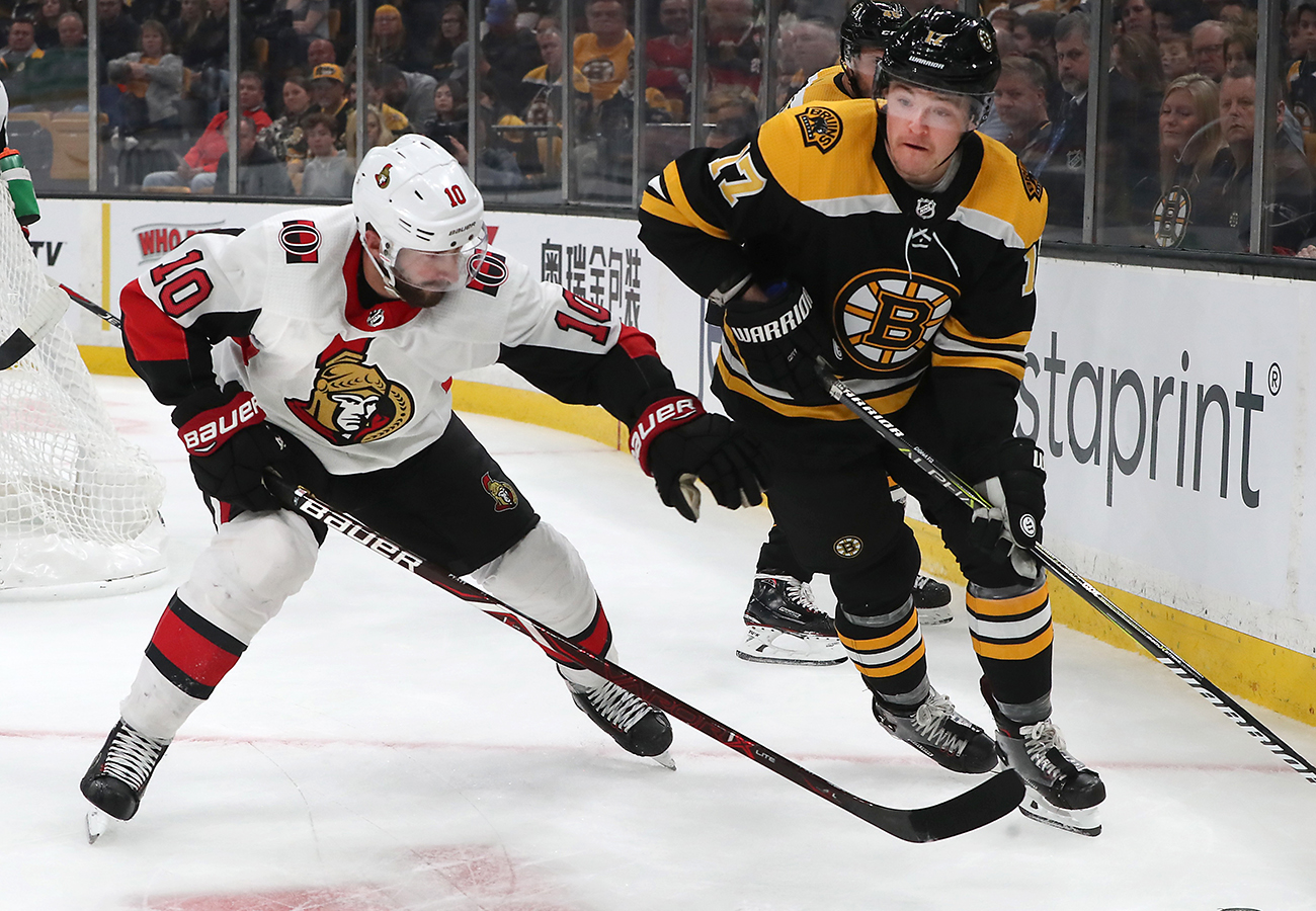 Ryan Donato, right, suffered a severe lip laceration during a workout Tuesday with the Providence Bruins.