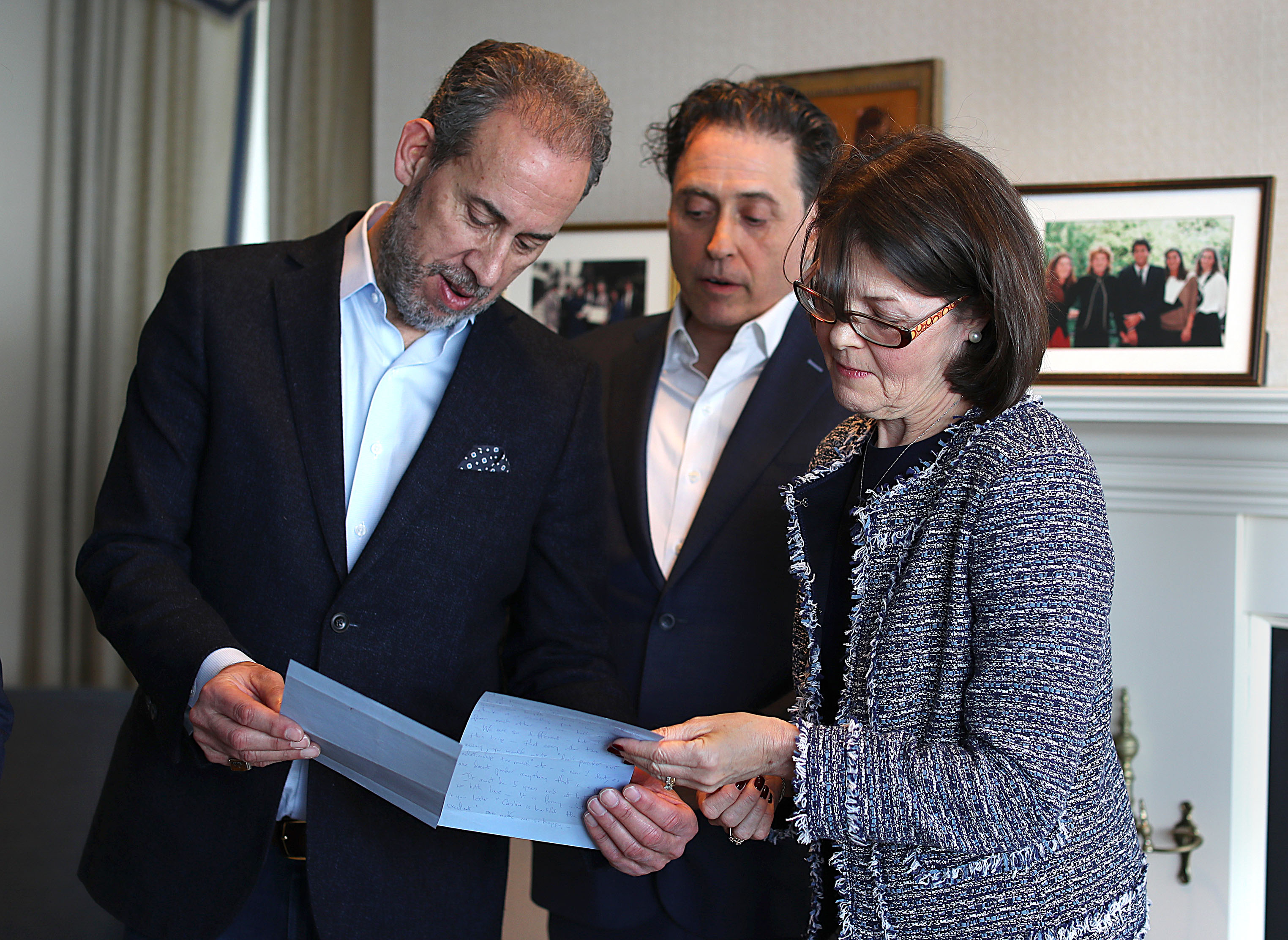 A ceremony was held Jan. 7, 2020 in the Presidential Room at the JFK Library in Boston to commemorate the donation of a handwritten letter to the John F. Kennedy Library Foundation from Jackie Kennedy to JFK. Pictured (from left): Doris Drummond, Robert Eaton, and Bobby Livingston.