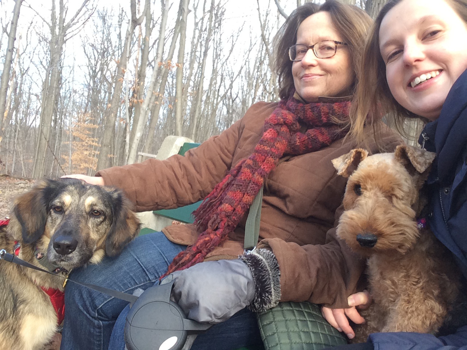 Tanya Umansk (left), and Anna Umansky with their dogs Molly and Taffy.