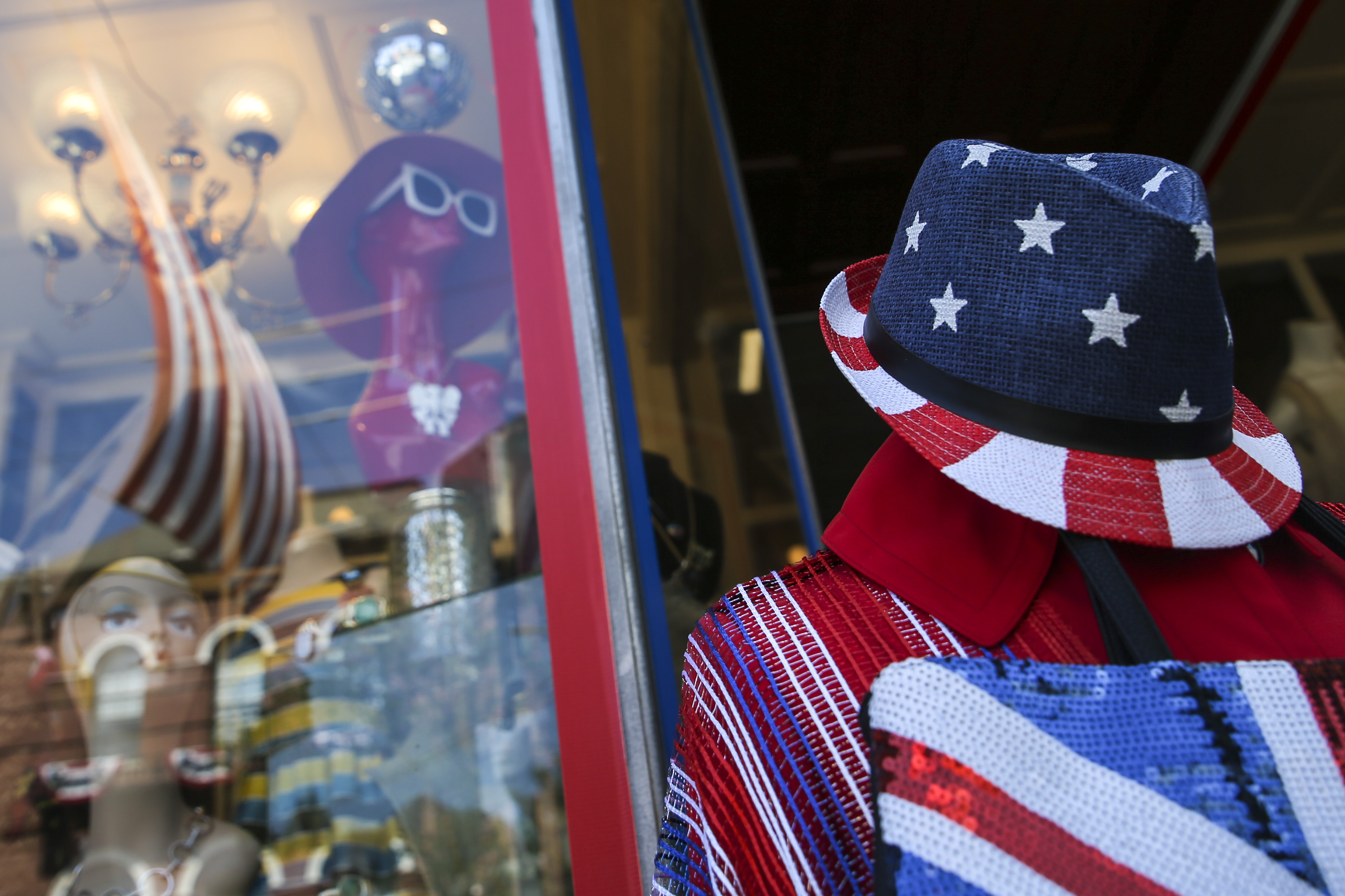 Patriotic clothing is a common sight in storefronts around Bristol, RI.