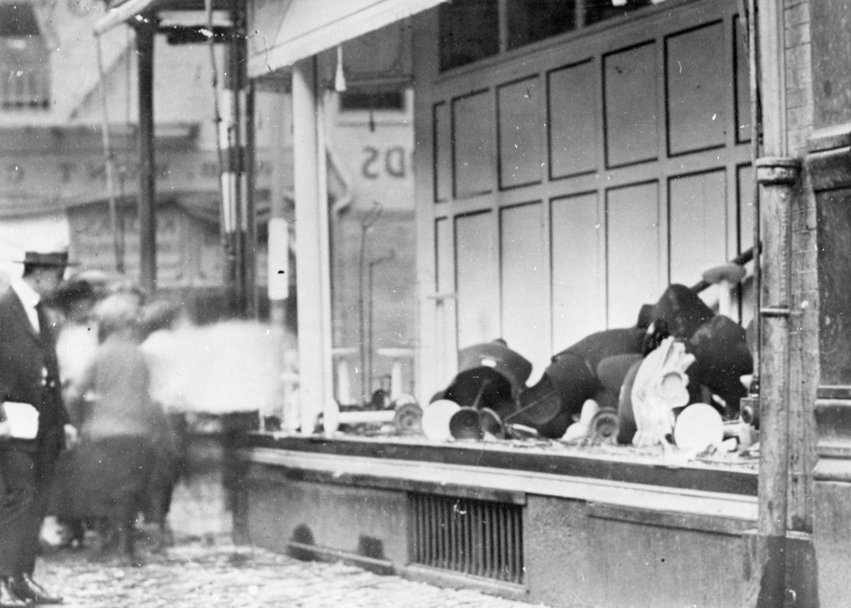 A shop window sat destroyed during the strike.