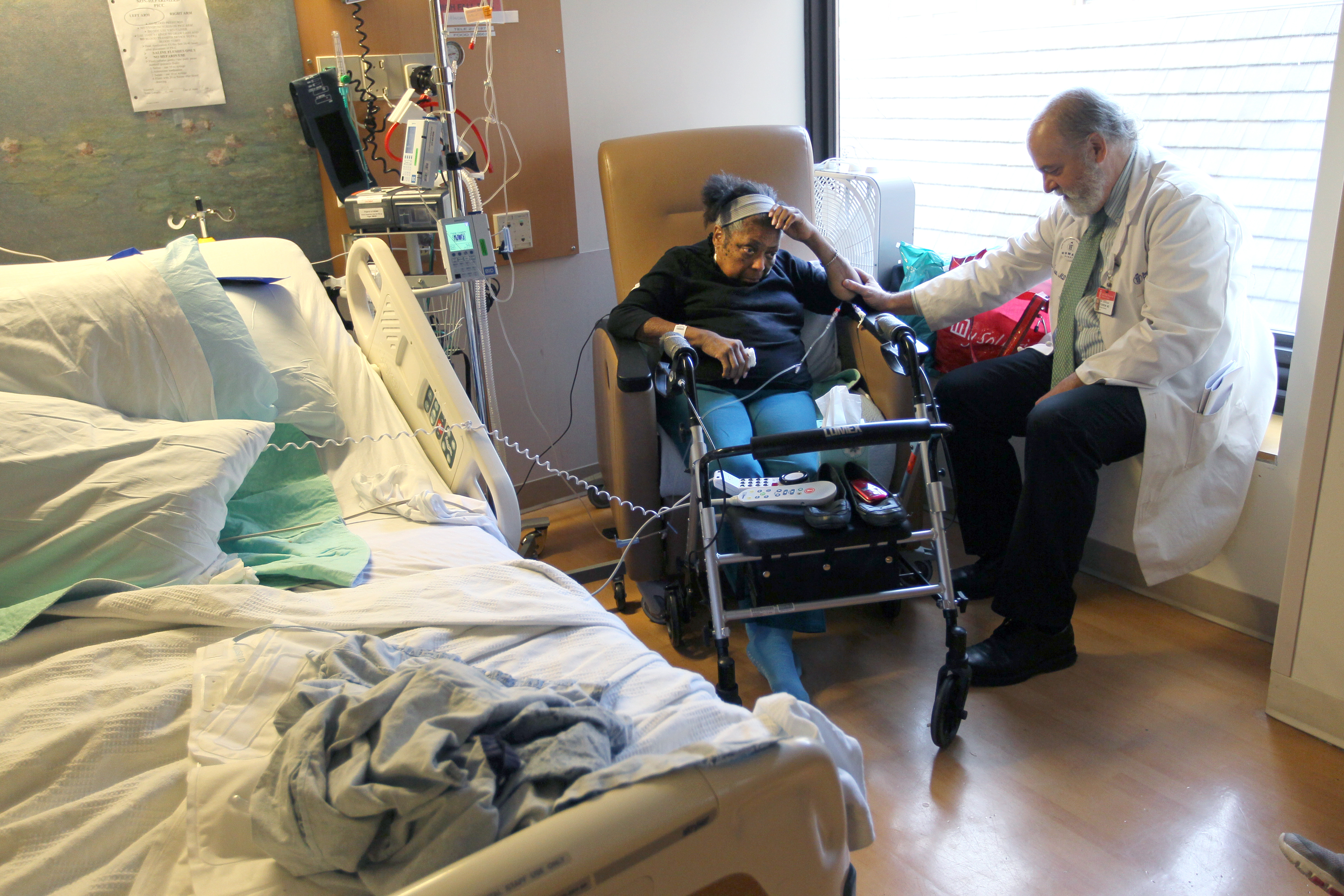 Ready to leave Beth Israel, Rosalind Abercrombie, above, learns from Dr. Lachlan Forrow she’ll have to stay another night.