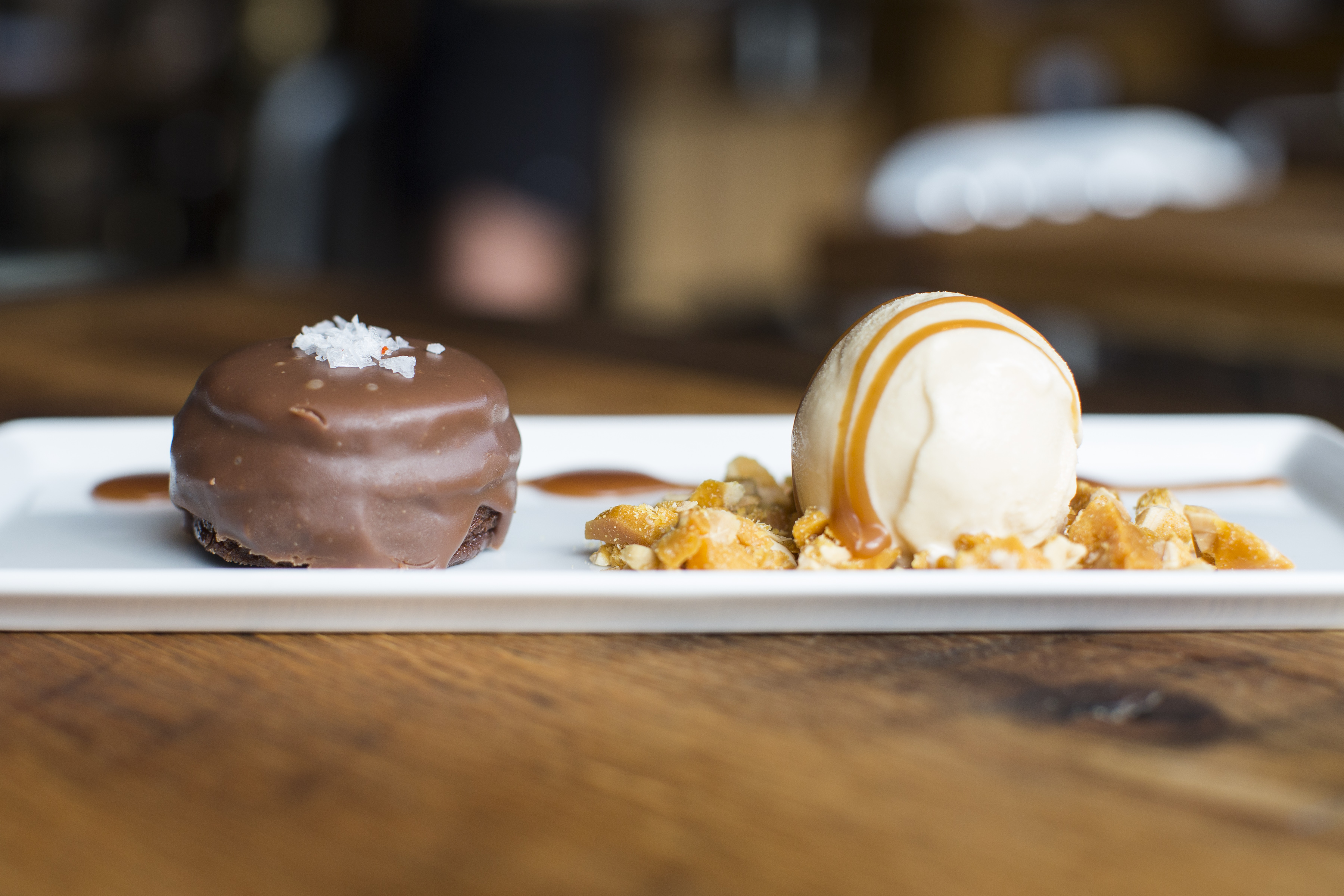 Chocolate terrine with salted caramel ice cream and peanut brittle.