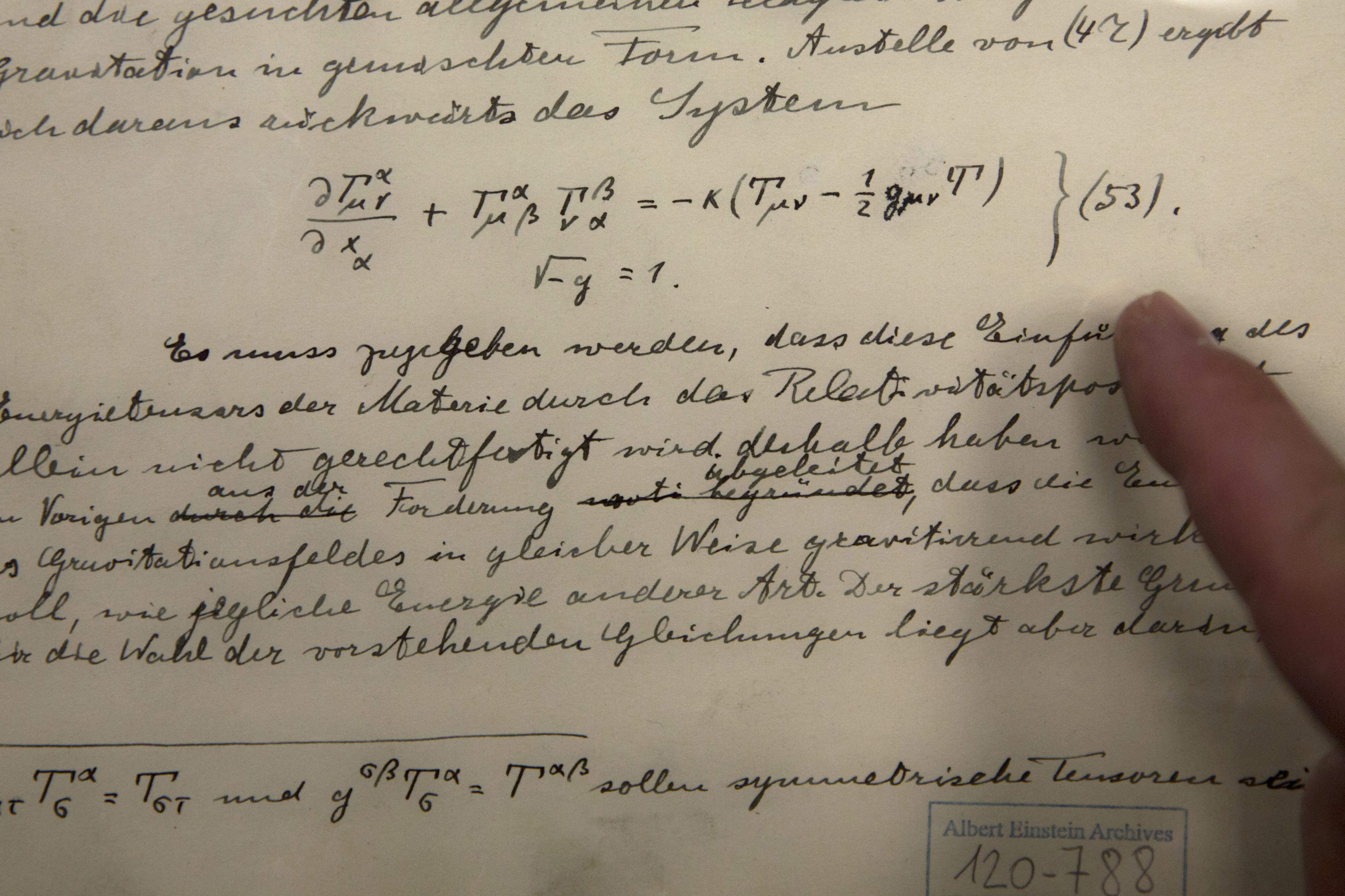 The original documents related to Albert Einstein’s prediction of the existence of gravitational waves as seen in Jerusalem.