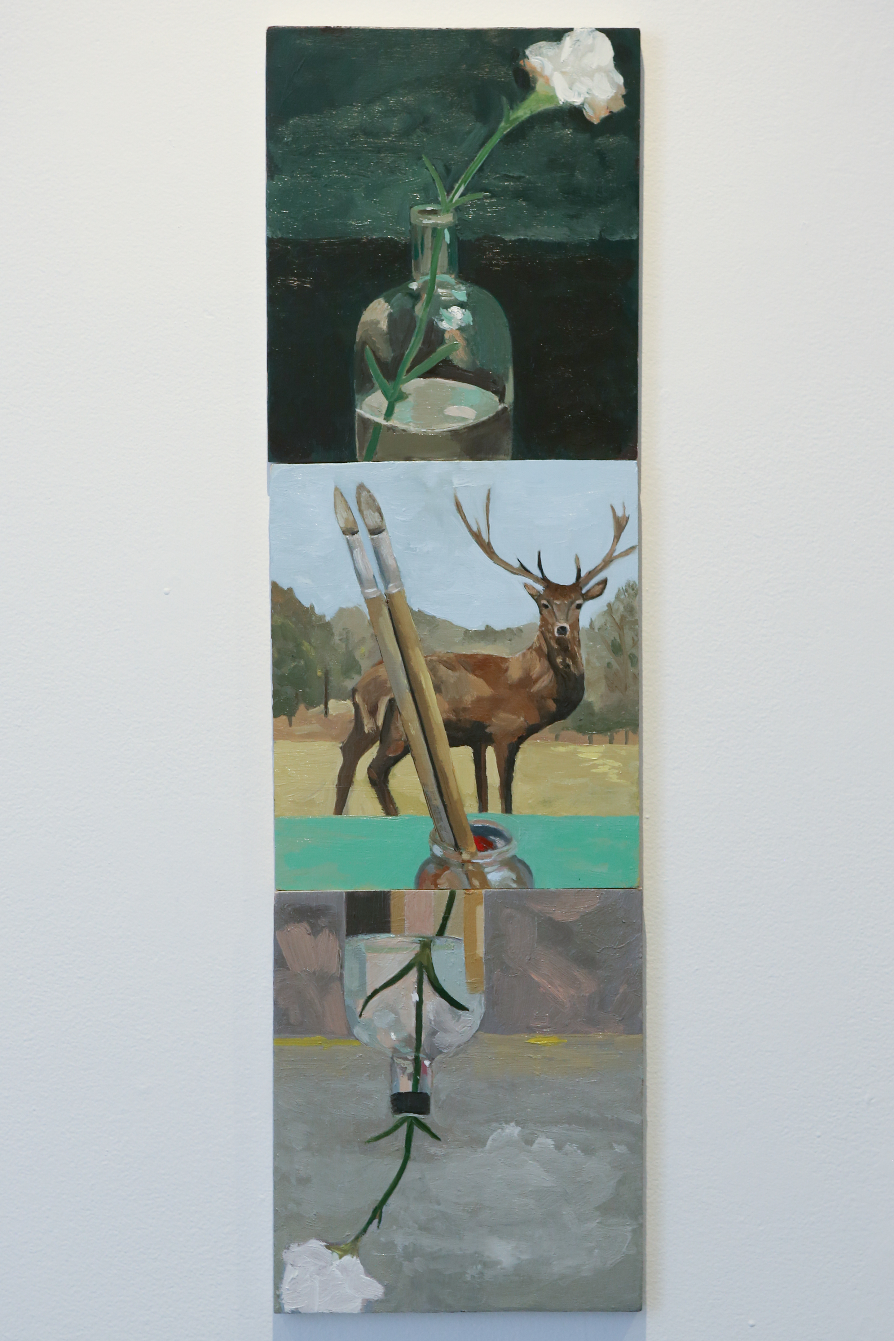At Mills Gallery, Boston Center for the Arts, Matthew Noonan’s triptych “Falling (For Ellen)”