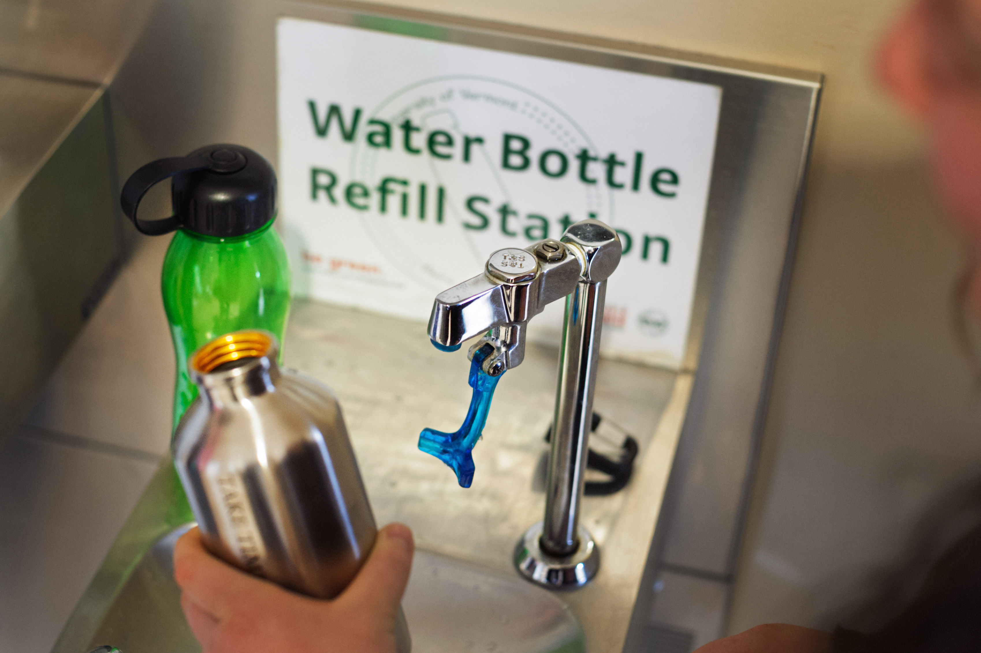 One of 215 drinking fountains on UVM’s campus, where students, faculty, staff and visitors can fill their reusable water bottles.