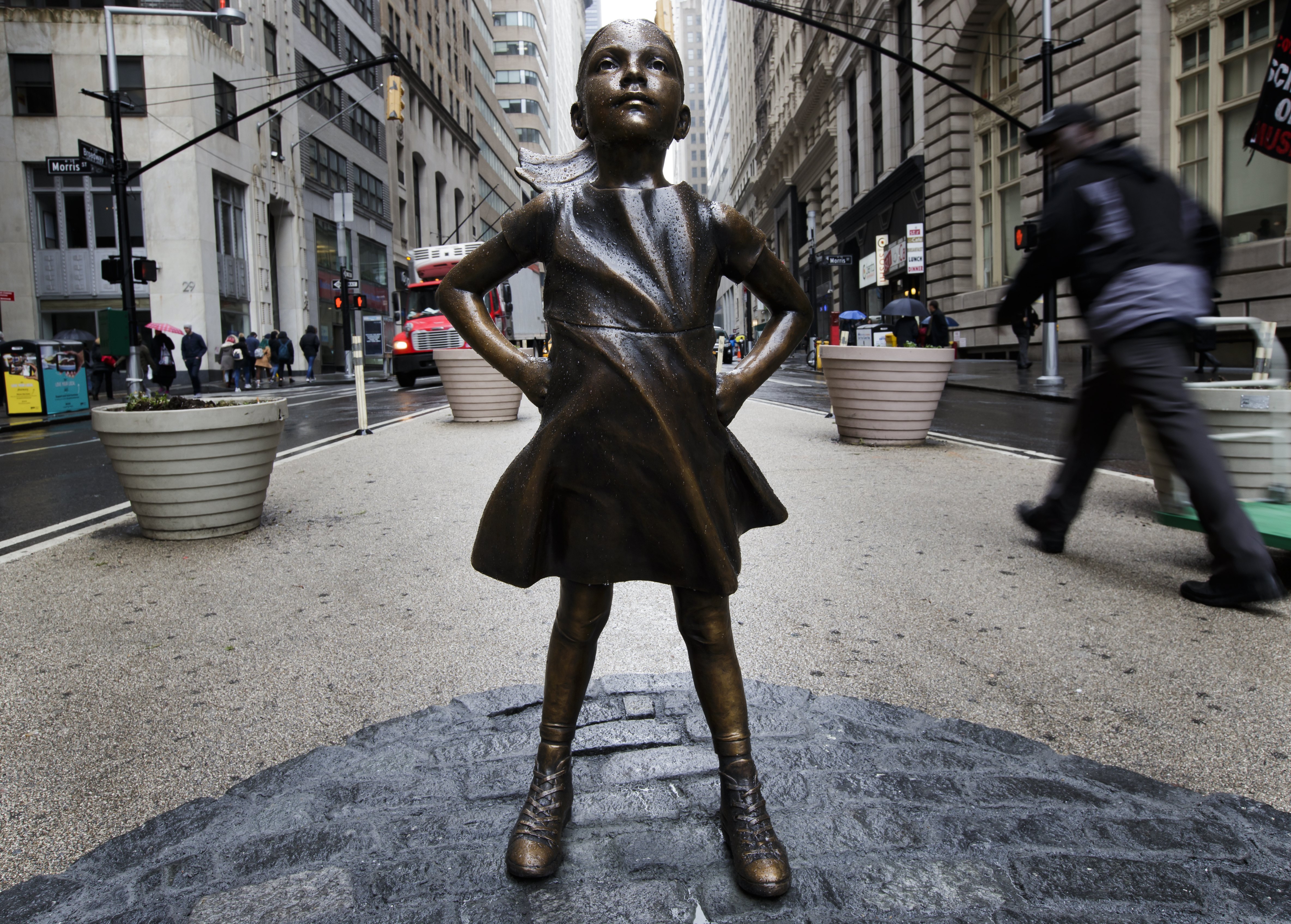 The “The Fearless Girl” sculpture by artist Kristen Visbal.