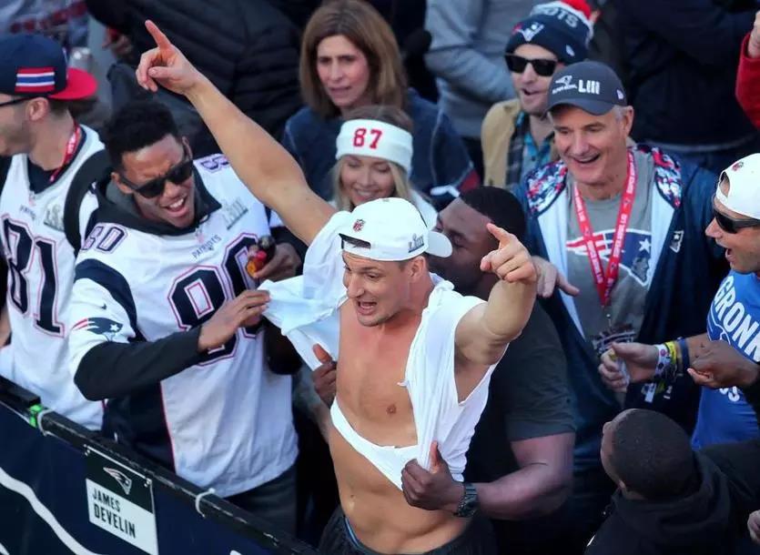 Rob Gronkowski had his T-shirt ripped off at the intersection of Boylston and Berkley streets Tuesday.