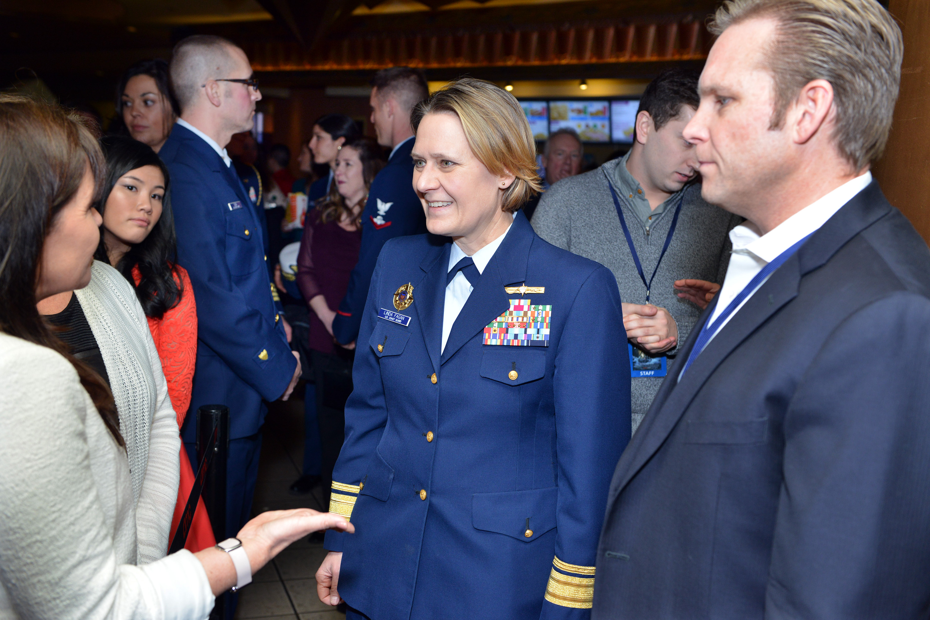 Coast Guard Rear Admiral Linda Fagan (center) at the premiere of “The Finest Hours.”