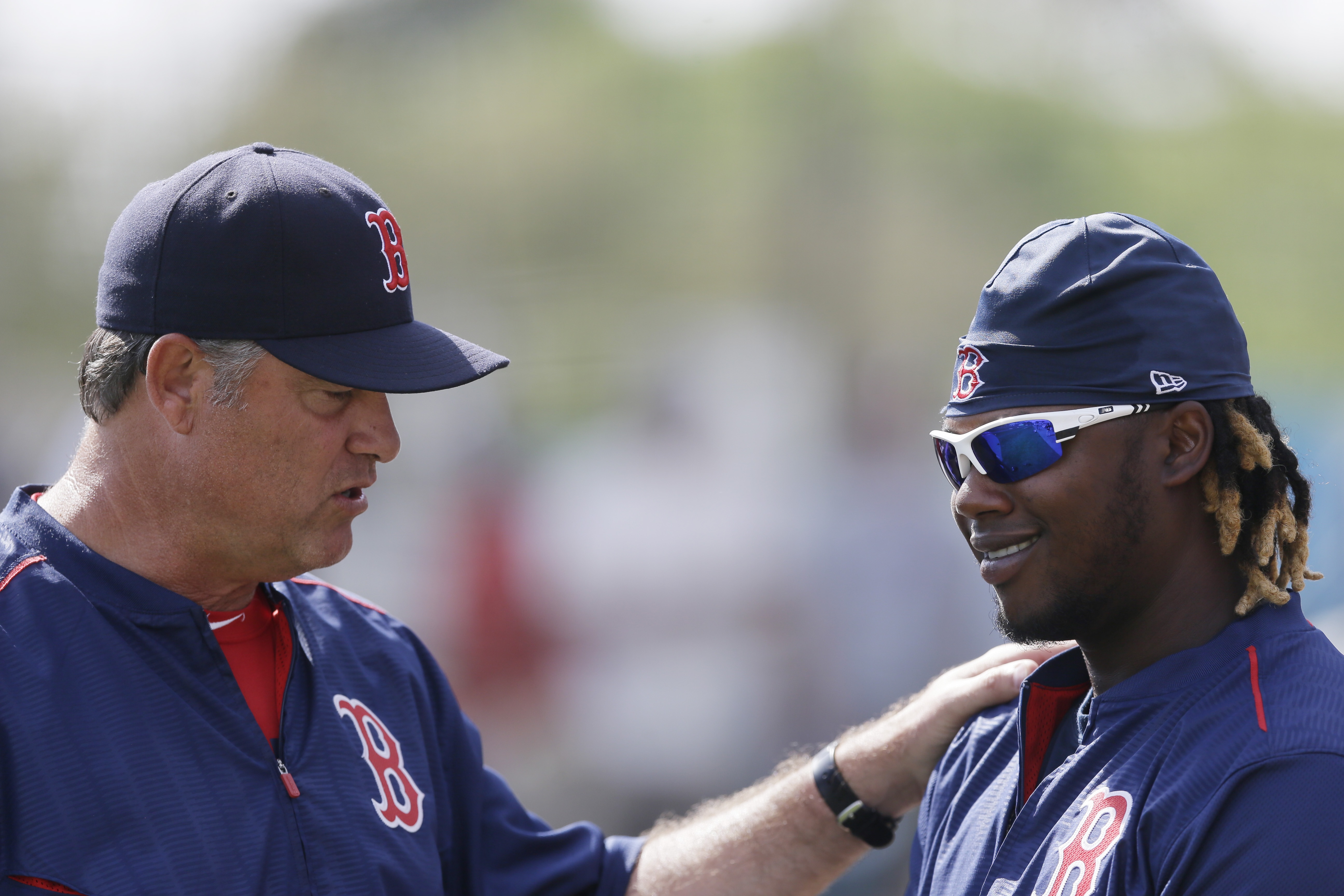 Red Sox manager John Farrell had a pregame chat with his new left fielder, Hanley Ramirez.