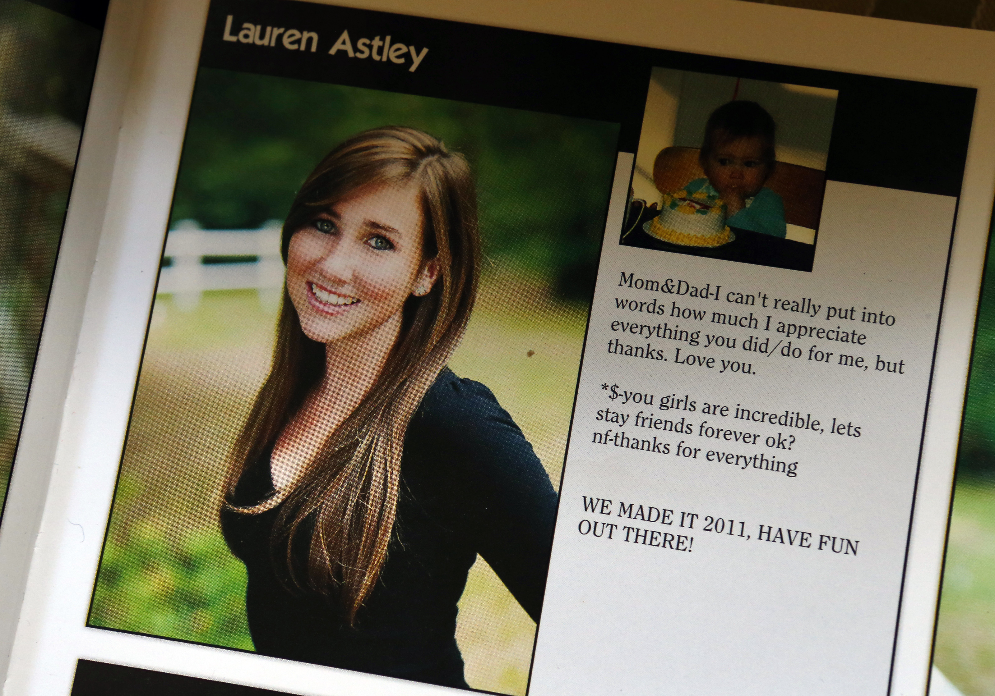 A page from a yearbook shows Lauren Astley's senior portrait and note to her family and the boyfriend who murdered her.