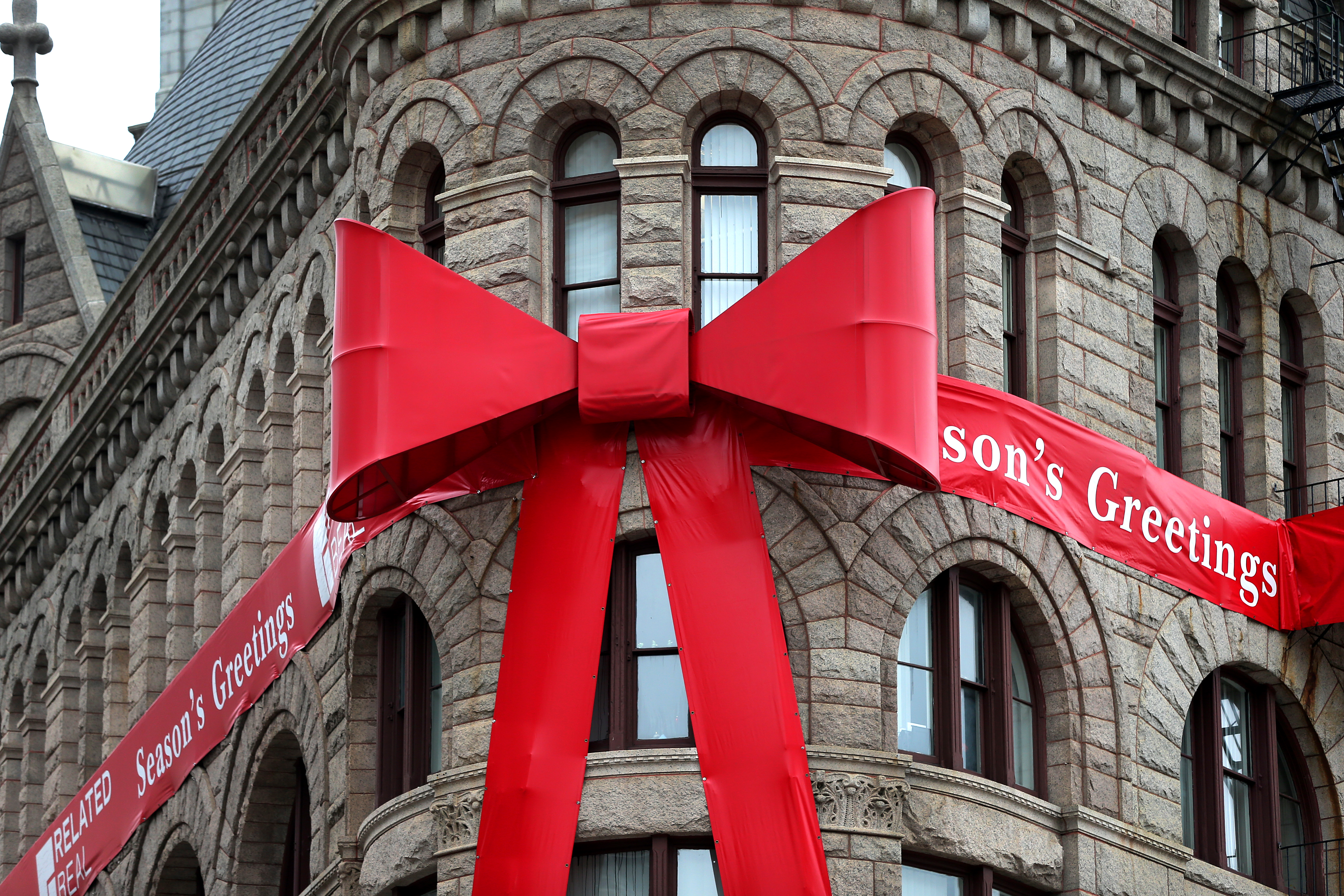 The Flour and Grain Exchange building on the Greenway, decked out with a big red bow.