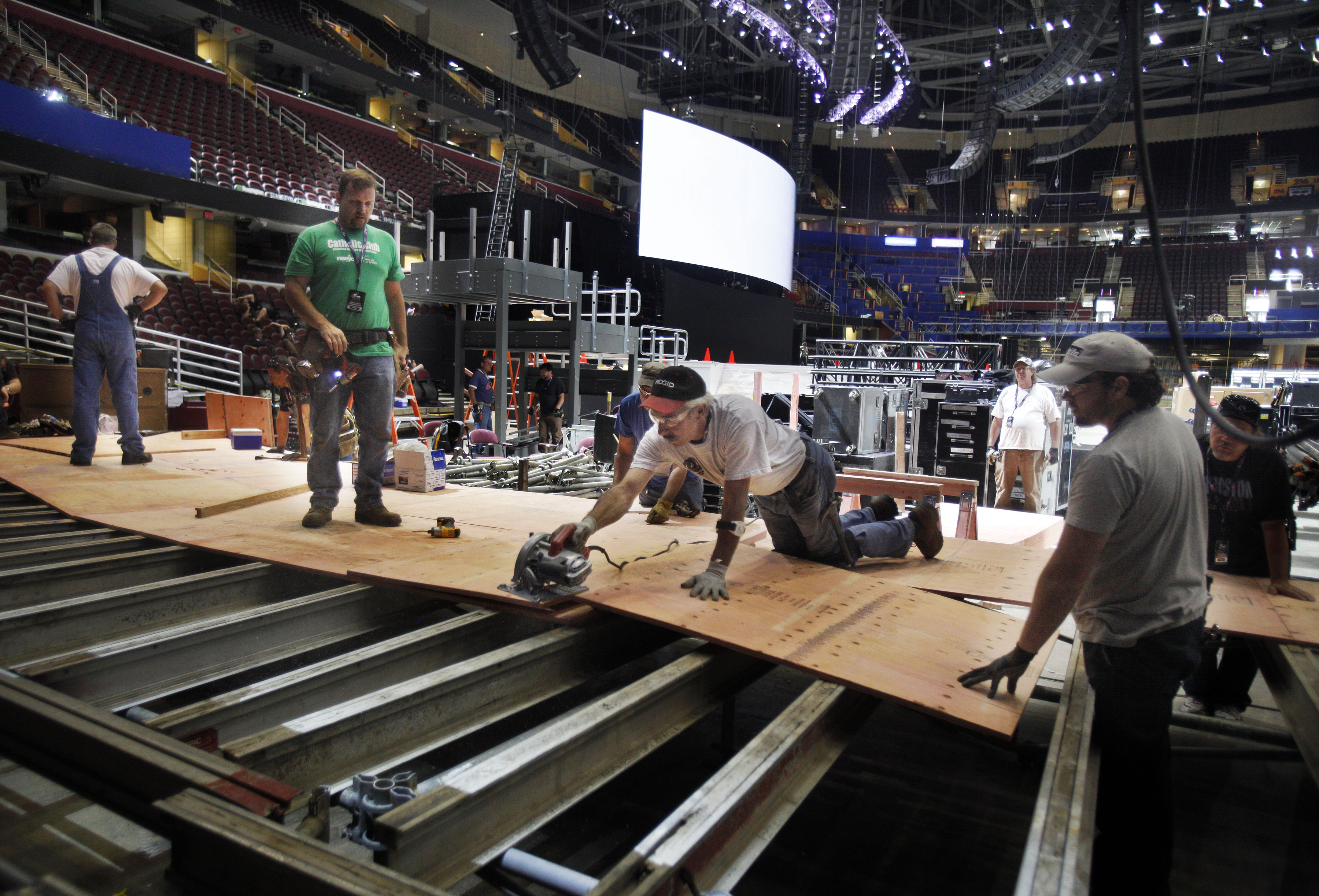 Workers constructed a platform for photographers to work from on the convention floor as preparations are underway for the Republican National Convention.