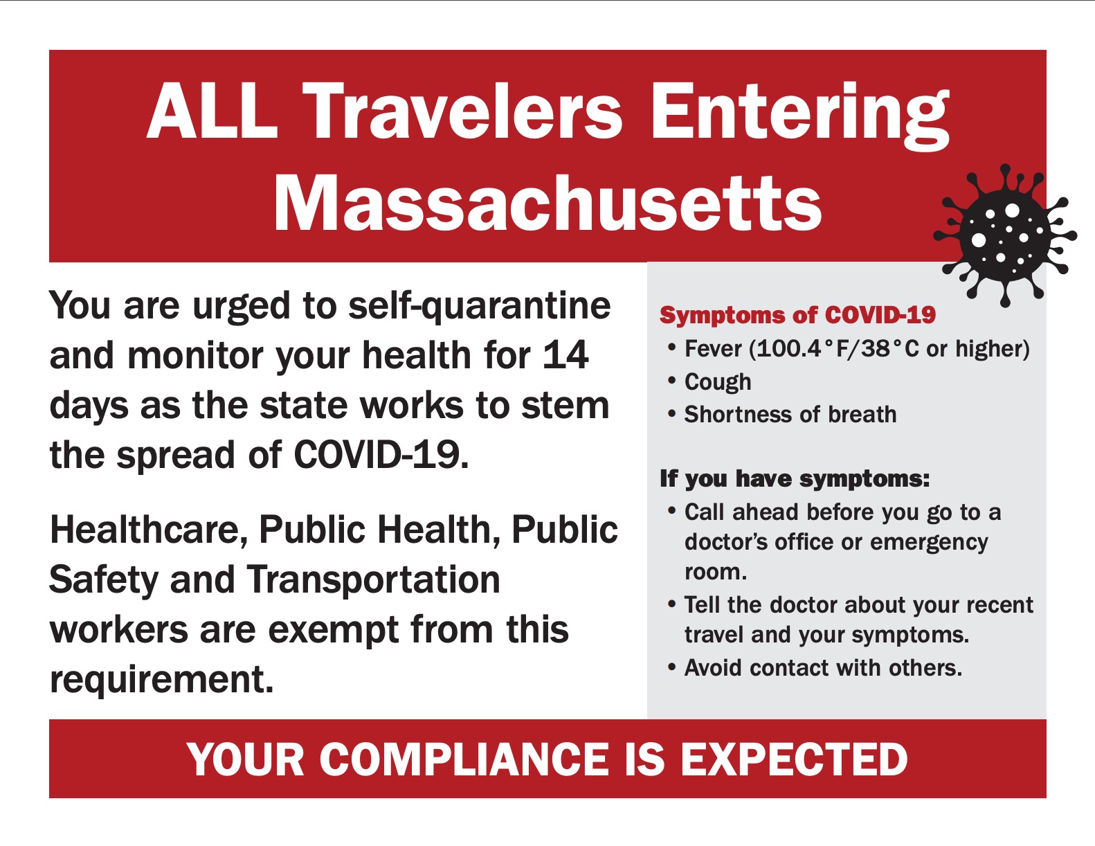 Starting Friday, staff at Logan International Airport, South Station and other transportation hubs will be handing out flyers with guidance about the quarantines.