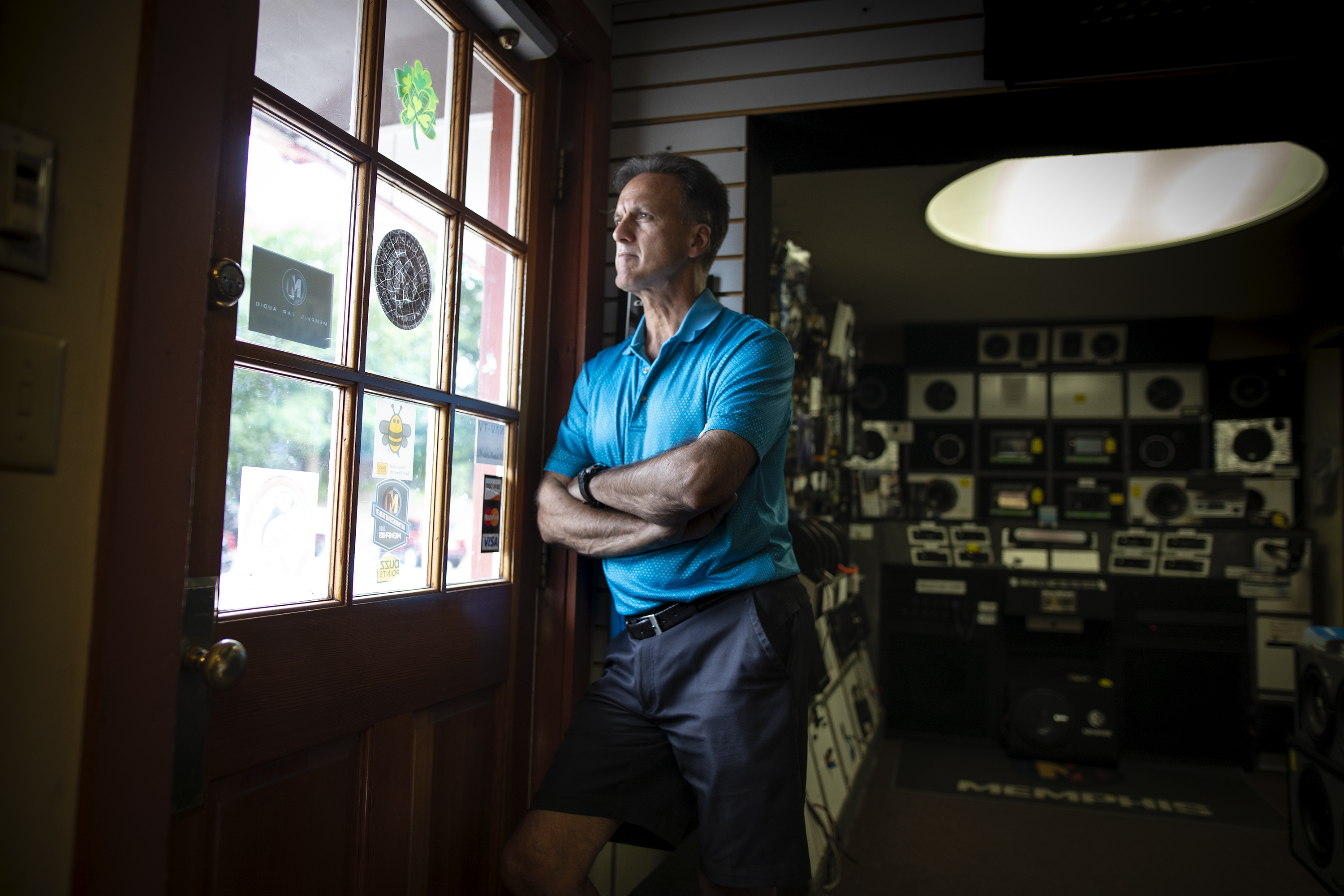 Gene LaCoy at the door of his music store in Greenfield: “There’s not a lot of things for kids to do around here,” he said.