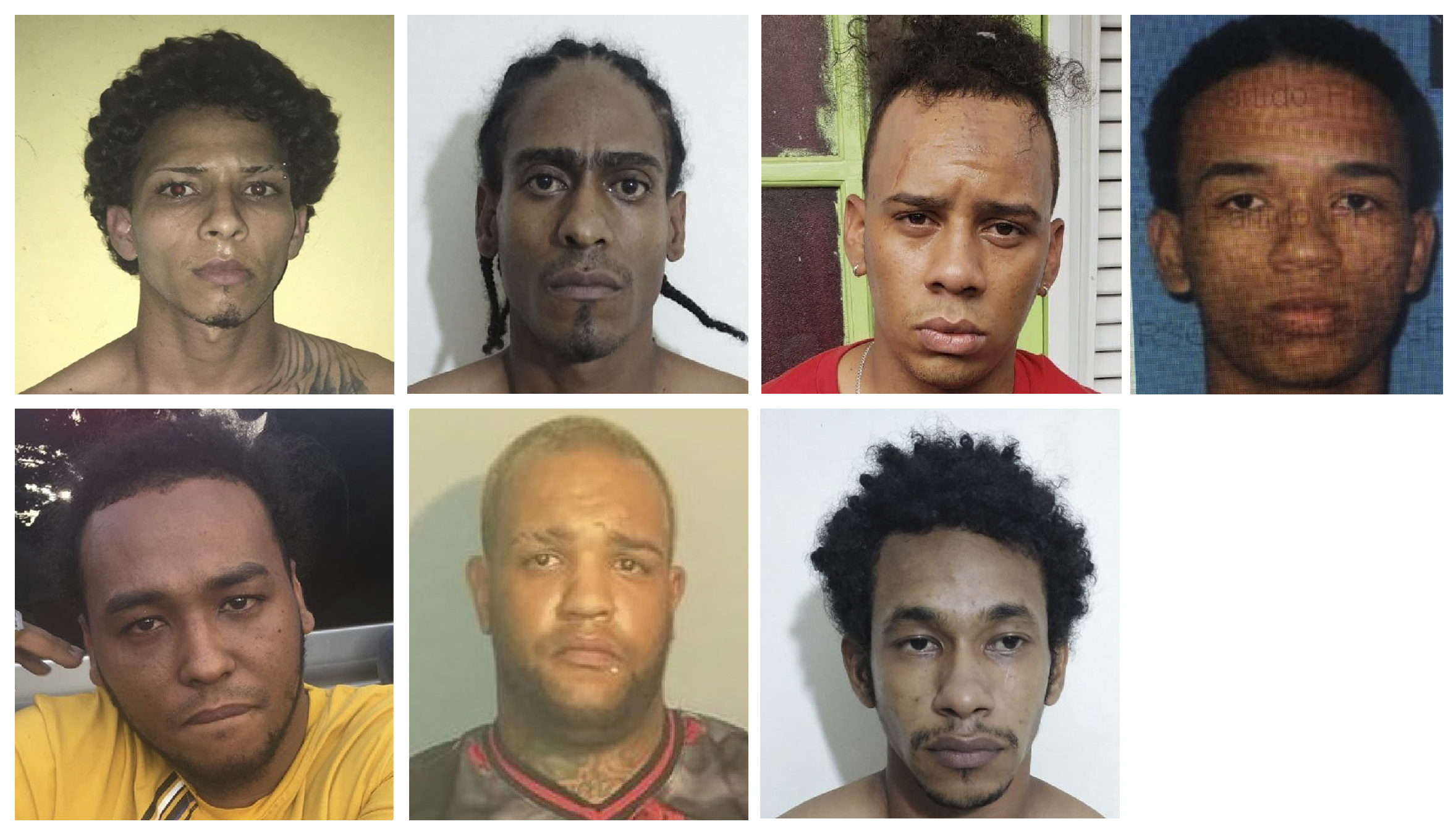Photos provided by the Dominican Republic National Police on Wednesday, June 12, 2019 show the suspects in connection with the shooting of David Ortiz. Police identified the men as, top row from left, Rolfi Ferreras Cruz, who is identified as the shooter, Joel Rodriguez Cruz, Oliver Moises Mirabal Acosta, and Eddy Vladimir Feliz Garcia. Bottom row from left, Polfirio Allende Dechamps Vazquez, Luis Alfredo Rivas Clase and Reynaldo Rodriguez Valenzuela. All but Clase are in custody.