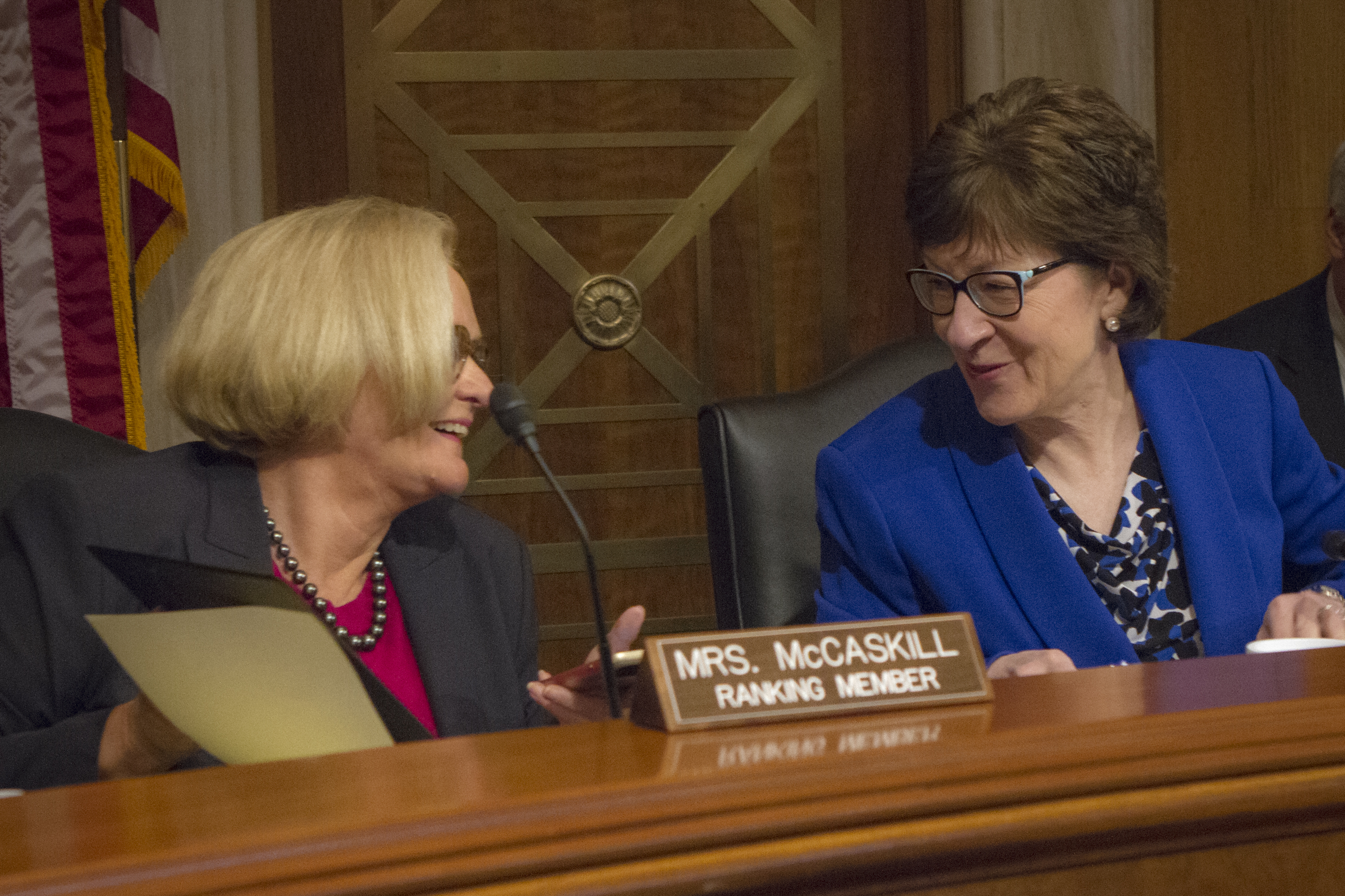 Senator Susan Collins spoke with Senator Claire McCaskill (D-Mo.) prior to a committee meeting on April 15.