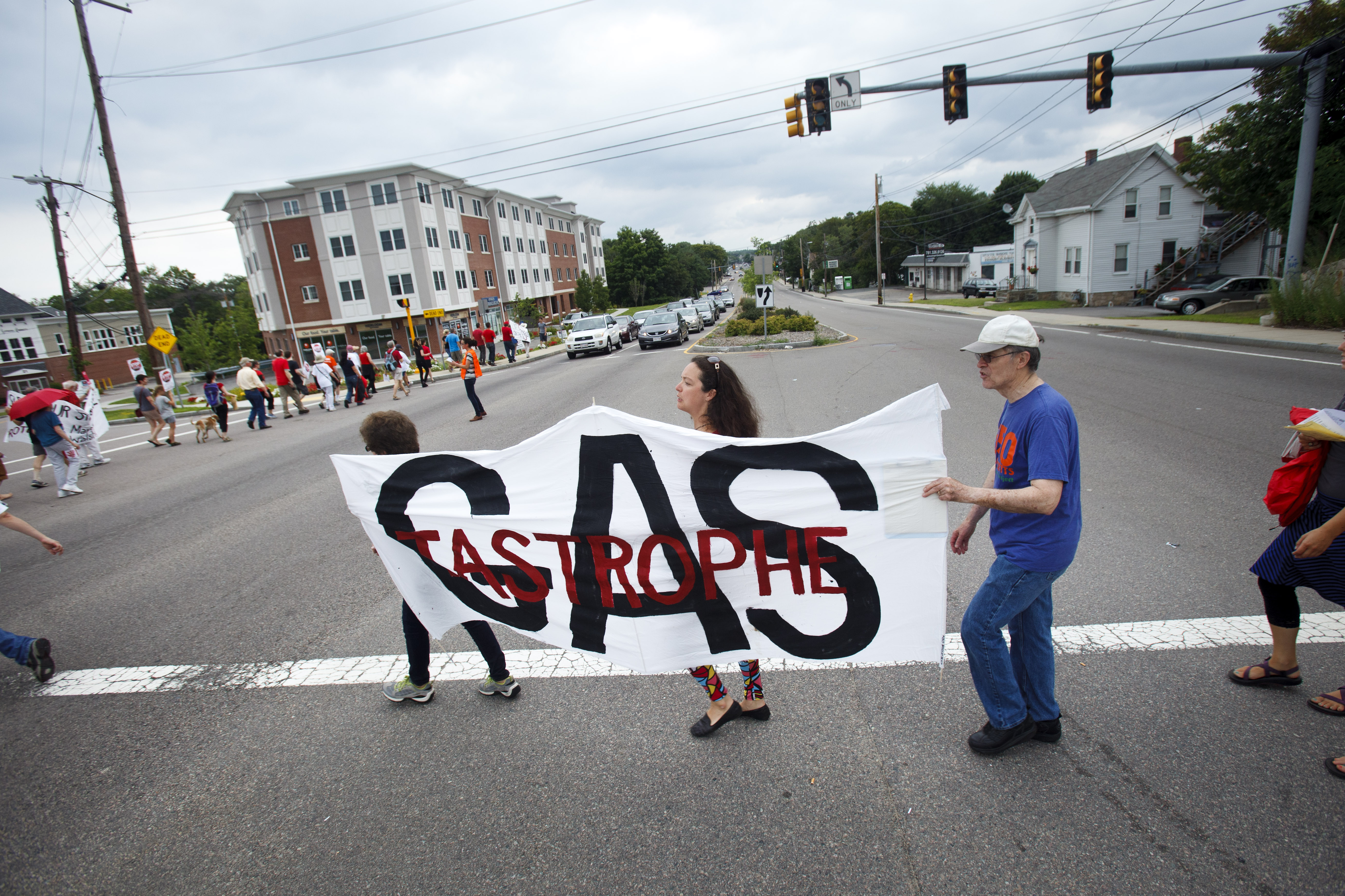Natural gas pipeline opponents protested against the West Roxbury project in July. Construction on the spur got underway earlier this week.